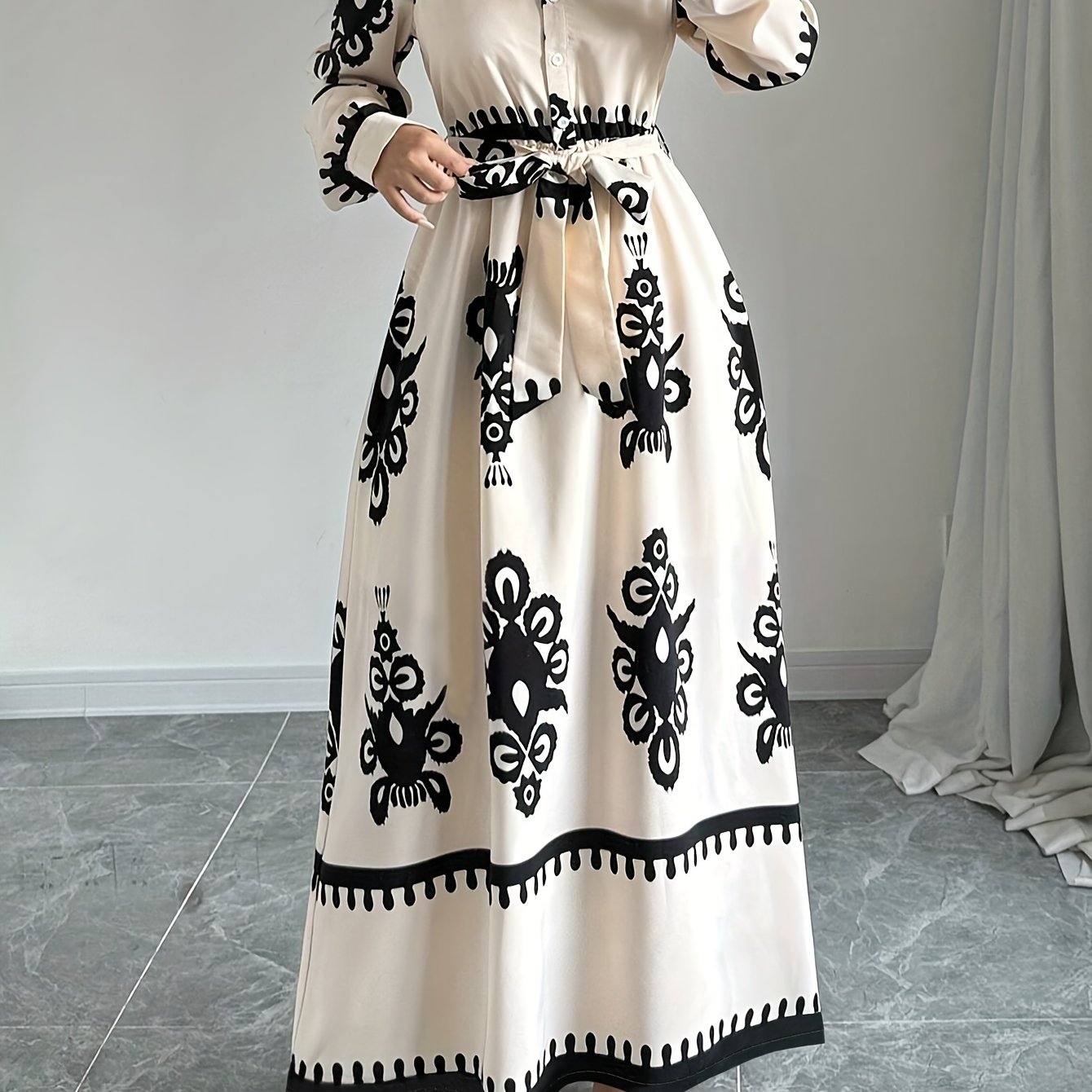 Floral Print Tie Waist Dress, Casual Long Sleeve Collared Dress For Spring & Fall, Women's Clothing