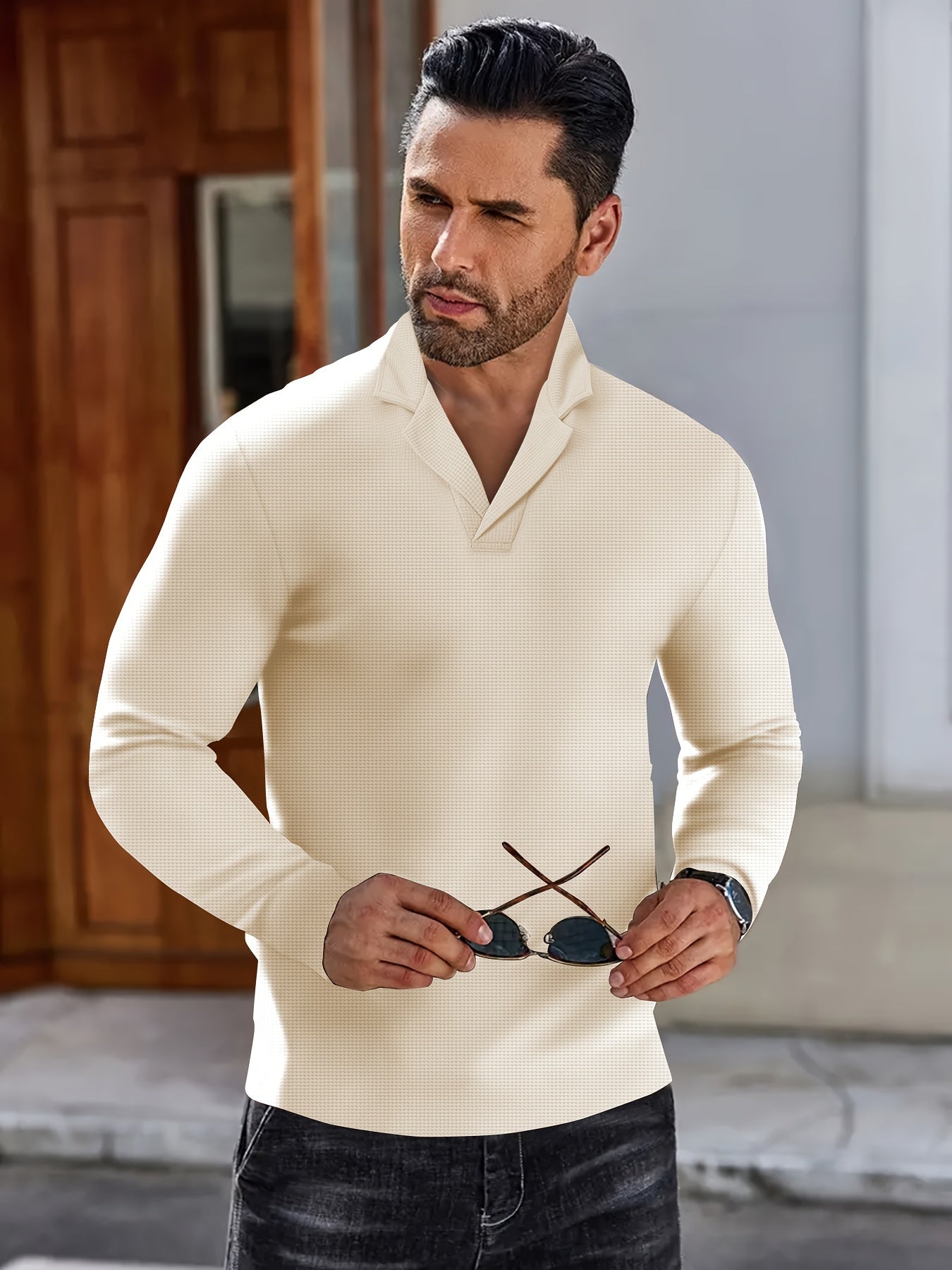 Men's Casual Long Sleeve Knitted Shirt With Suit Collar - Spring/Autumn Long Sleeve Pullover Top