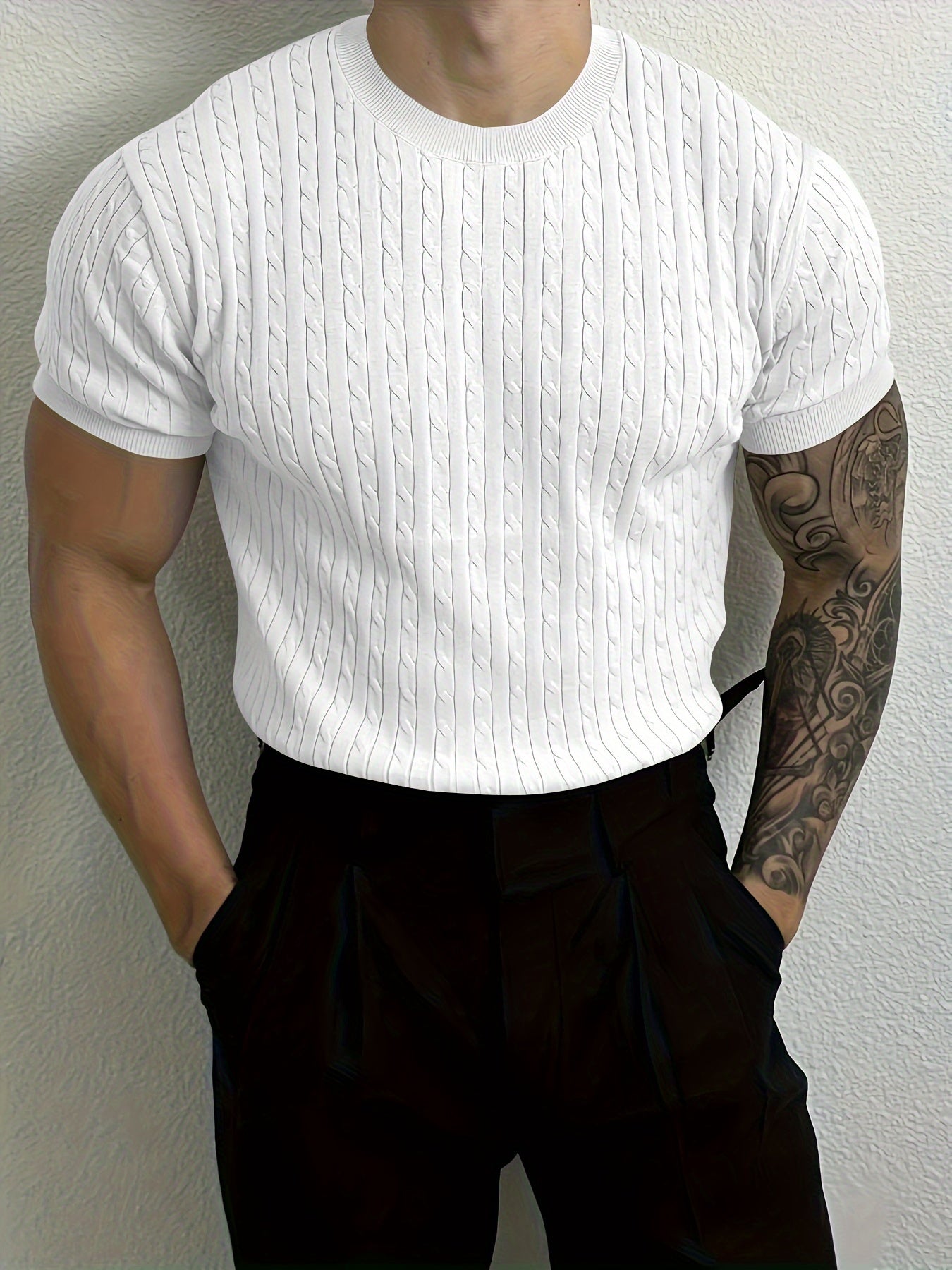 Men's Ribbed And Textured Knit Crew Neck And Short Sleeve T-shirt, Casual And Chic Summer Tops For Daily And Outdoors Leisurewear