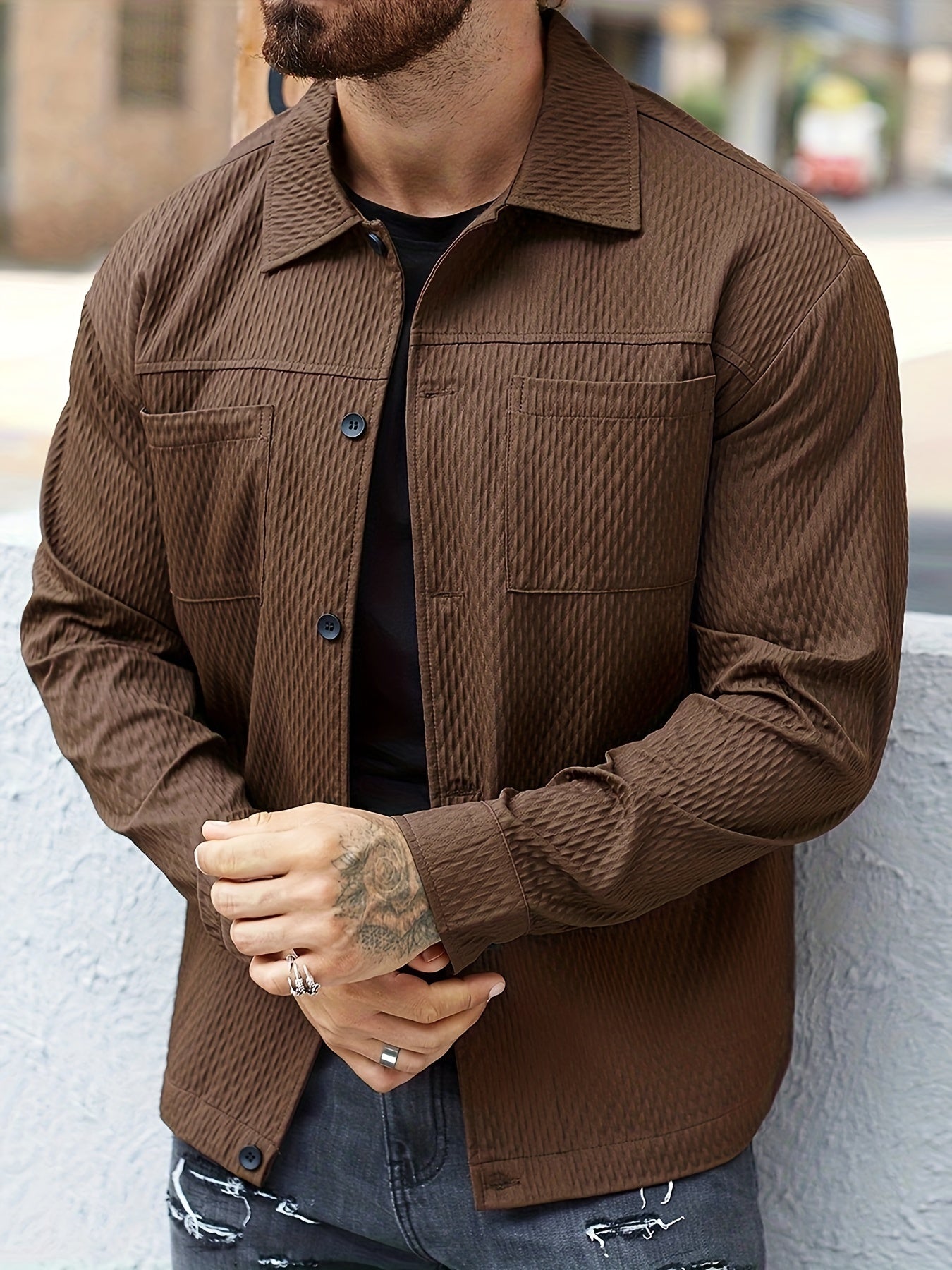 Men's Solid Color Textured Long Sleeve Shirt For Winter And Fall, Casual Comfy Shirt As Gift