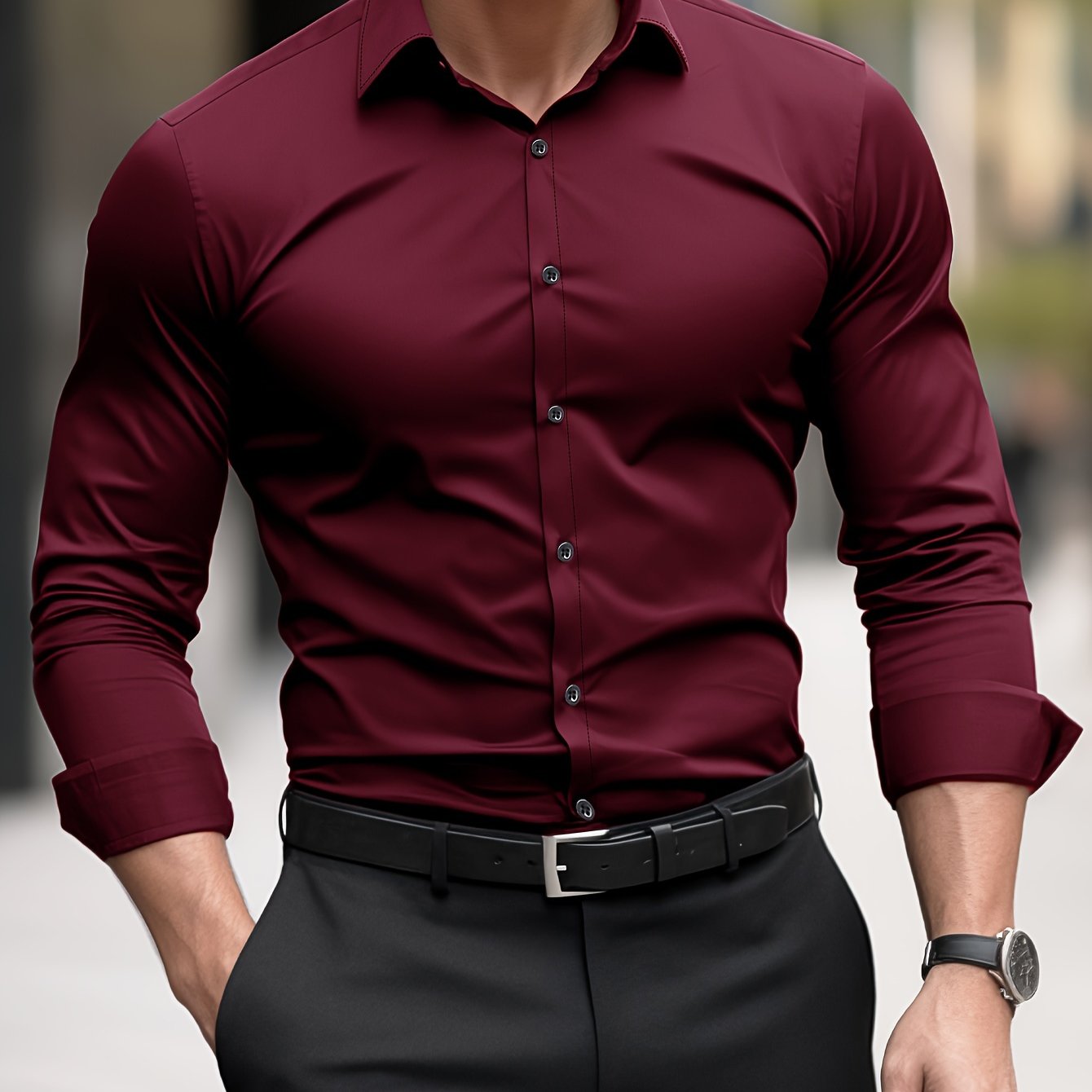 Men's Solid Color Lapel Collar Design Dress Shirts, Long Sleeve Casual Button Up Shirt For Formal Occasions