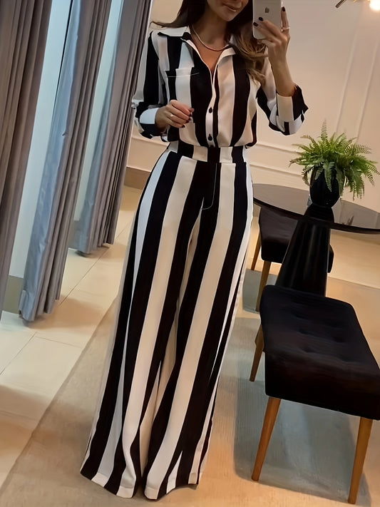 Women's Elegant Striped Shirt and Wide-Leg Pants Set, Polyester, Button-Down, Regular Sleeve, Long Sleeve, Spring/Summer Collection, H-Fit, Solid Color