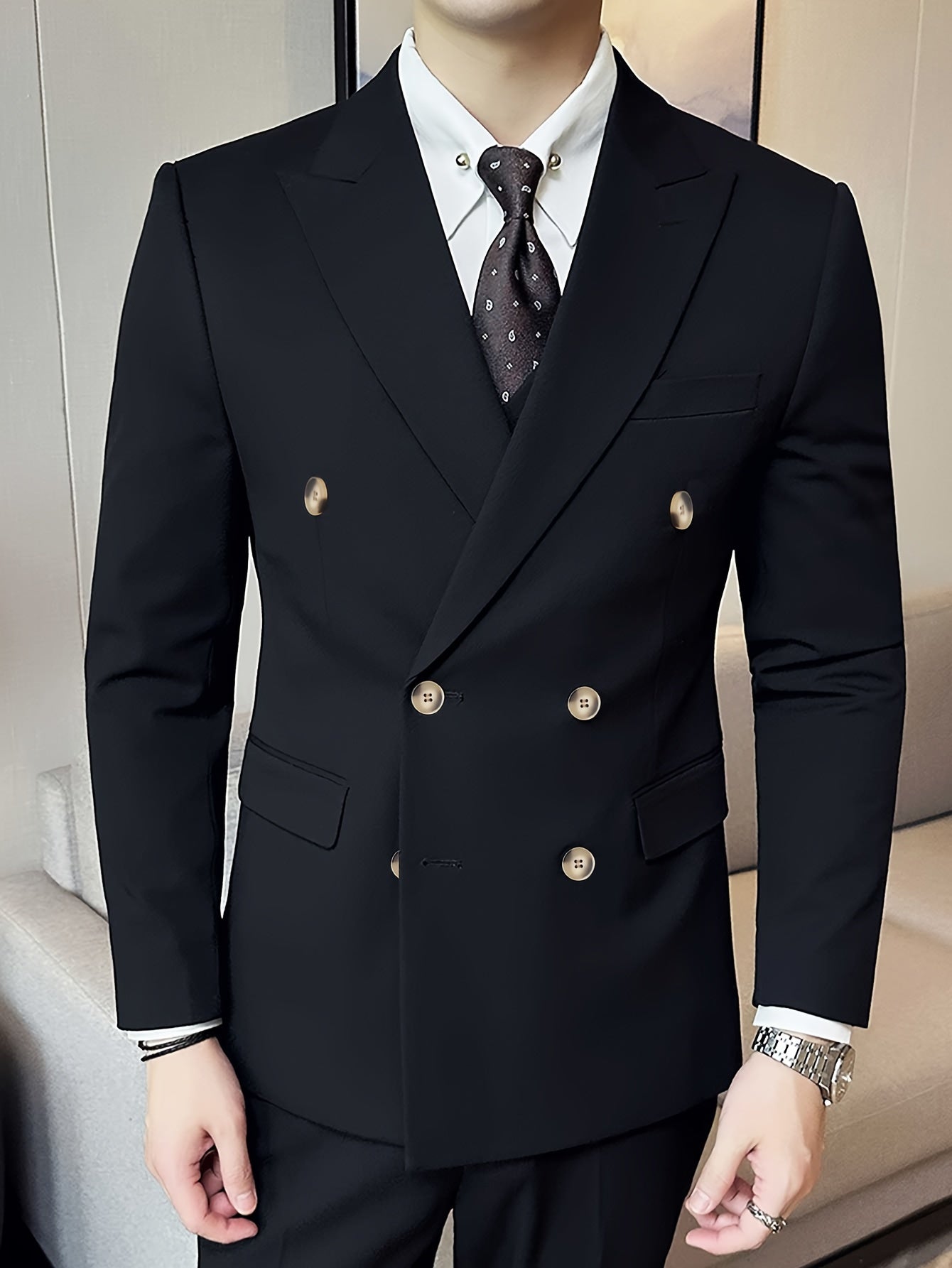 Men's Solid Color Double-Breasted Blazer, Fashion Tailored Fit Suit Coat With Peak Lapels For Business Formal Occasions