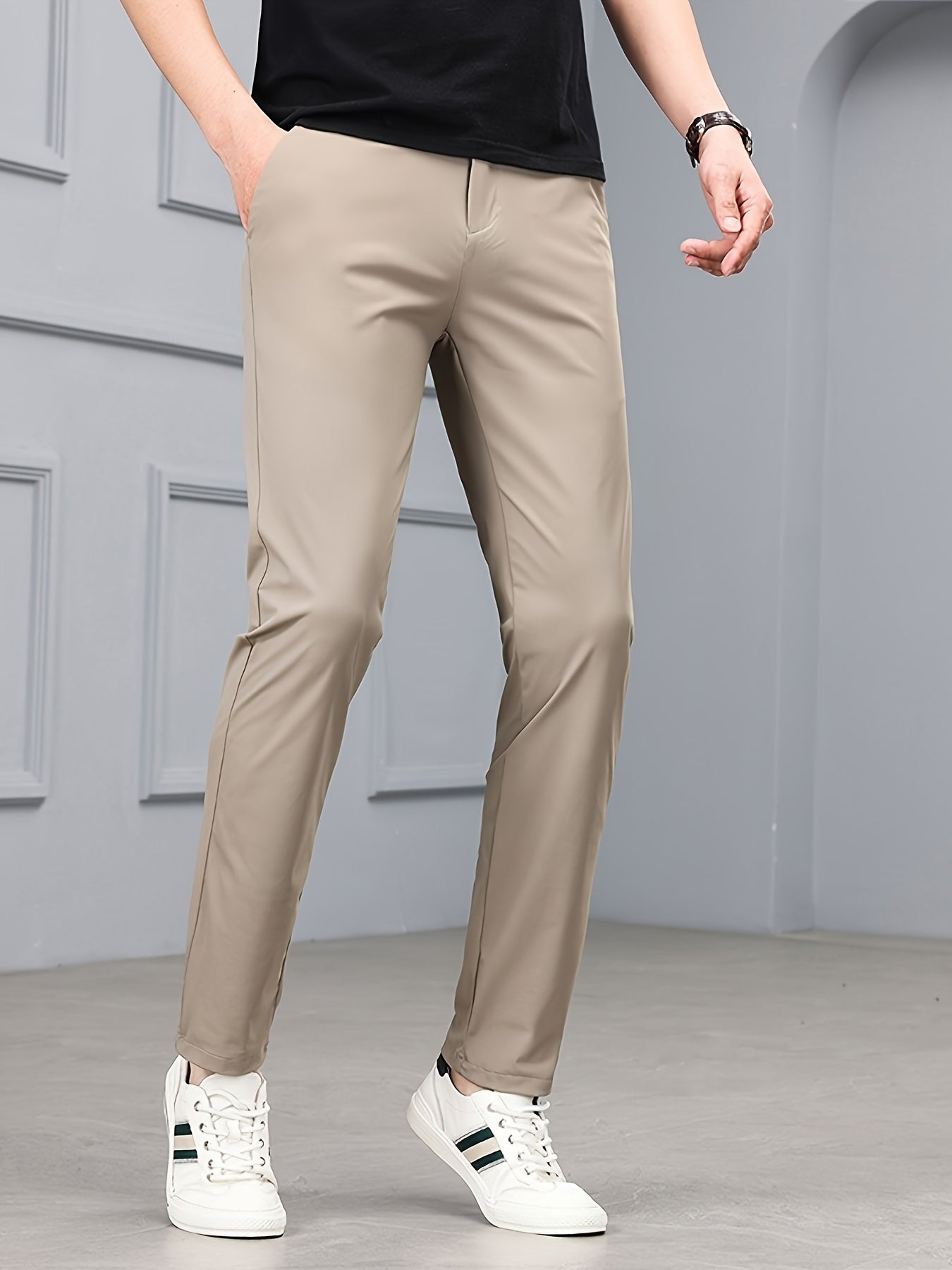 Men's Solid Dress Pants With Pockets, Casual Skinny High Stretch Trousers For Outdoor, Old Money Style