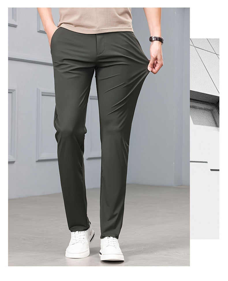 Men's Solid Dress Pants With Pockets, Casual Skinny High Stretch Trousers For Outdoor, Old Money Style