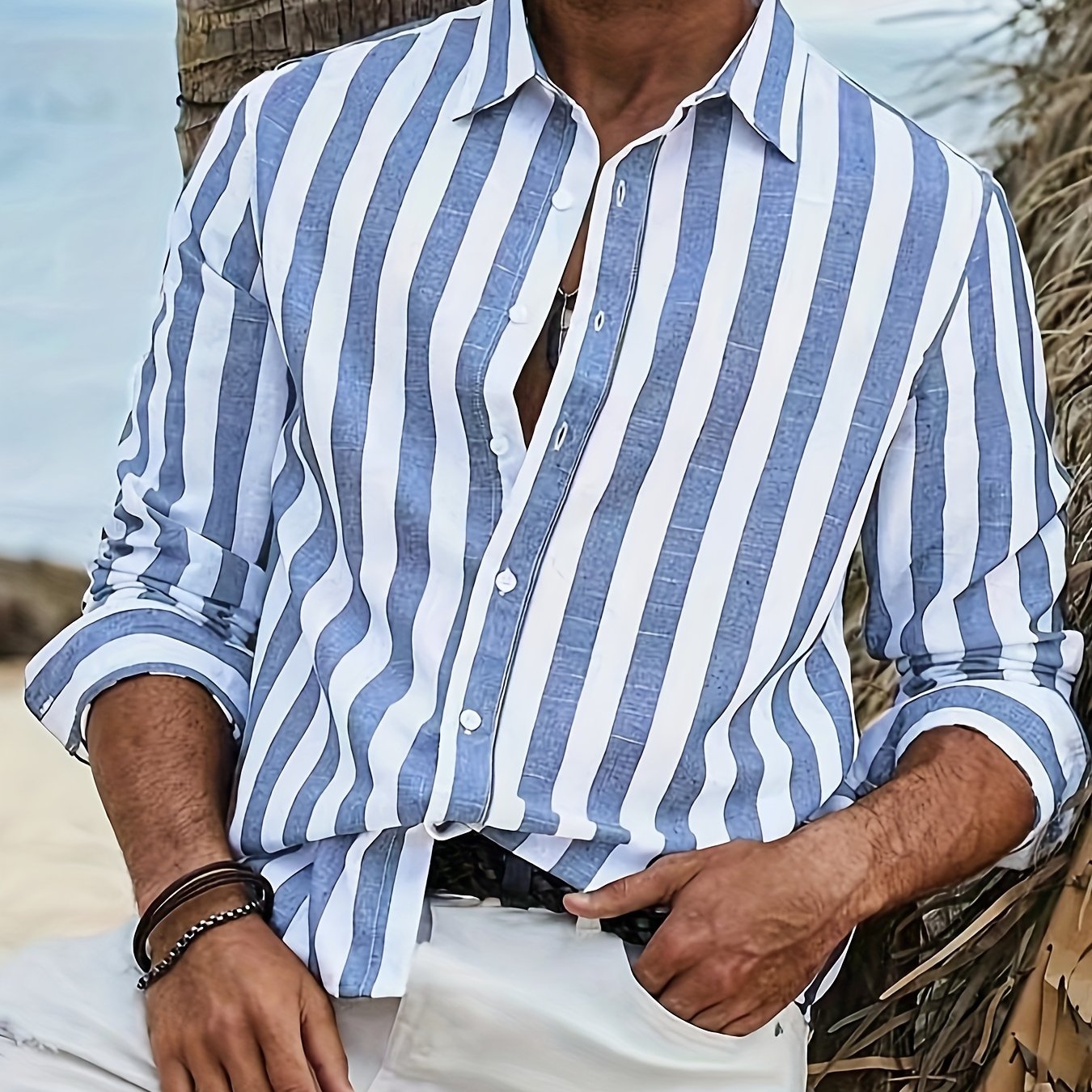 Men's Stylish Striped Long Sleeve Lapel Shirt For Spring And Fall, Casual Comfy Trendy Shirt As Gift