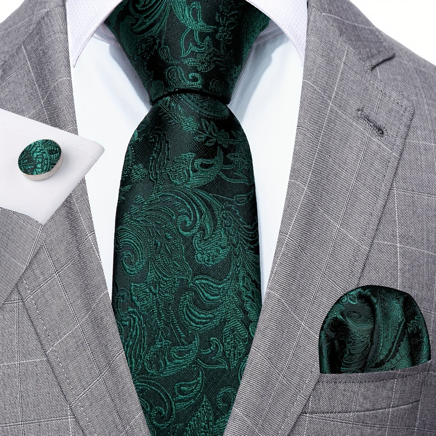 Barry.Wang Men's Tie Green Paisley Floral Jacquard Tie Pocket Square And Cufflinks Set Wedding Party, Ideal choice for Gifts