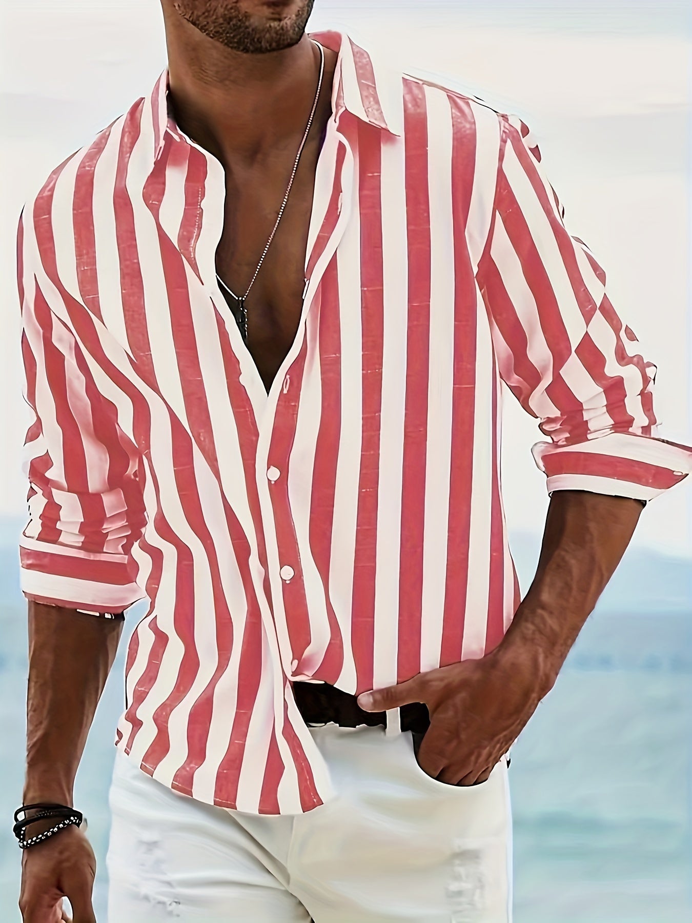 Men's Stylish Striped Long Sleeve Lapel Shirt For Spring And Fall, Casual Comfy Trendy Shirt As Gift