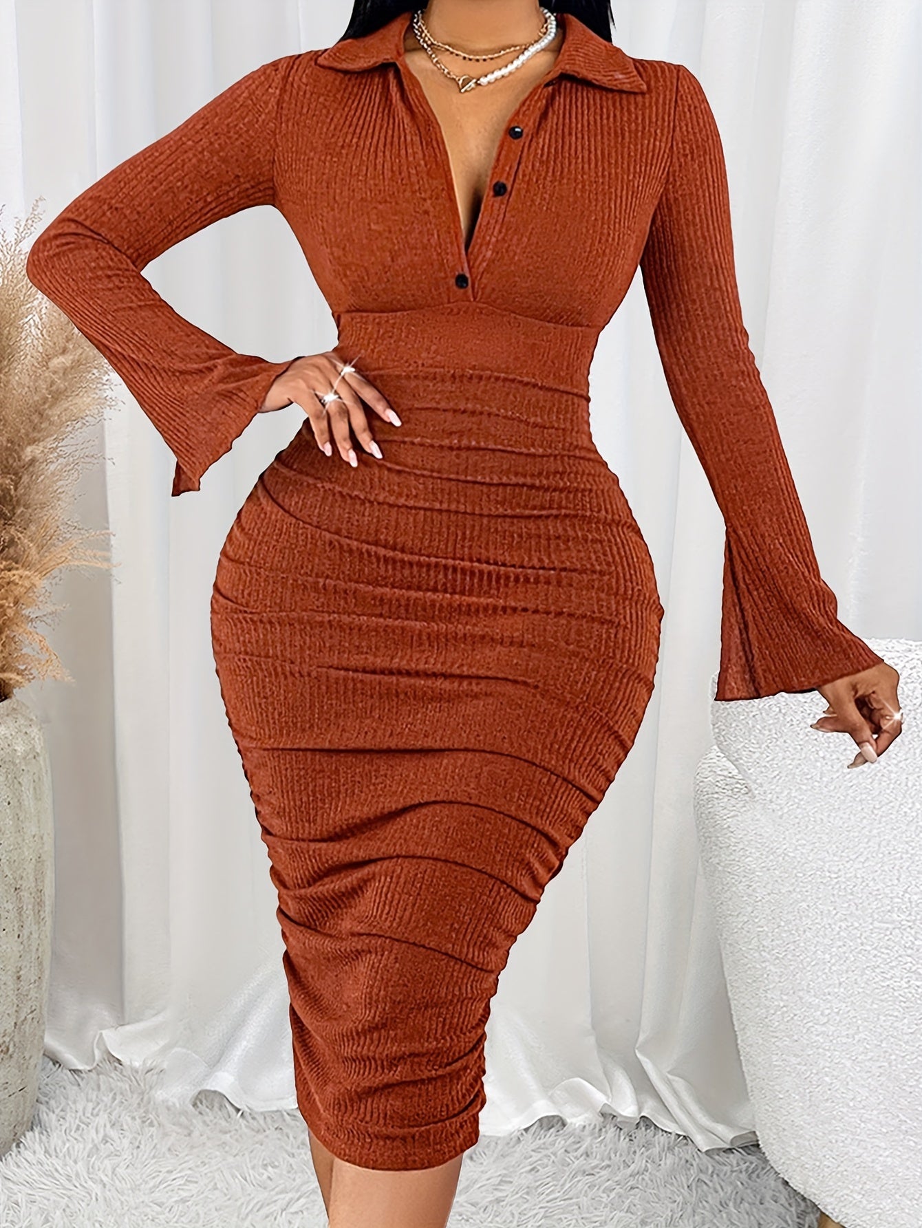 Elegant Knit Bodycon Dress with Lapel Collar and Flared Sleeves, Polyester Blend with Elastane, Solid Color Button Detail, Fall Season Collection