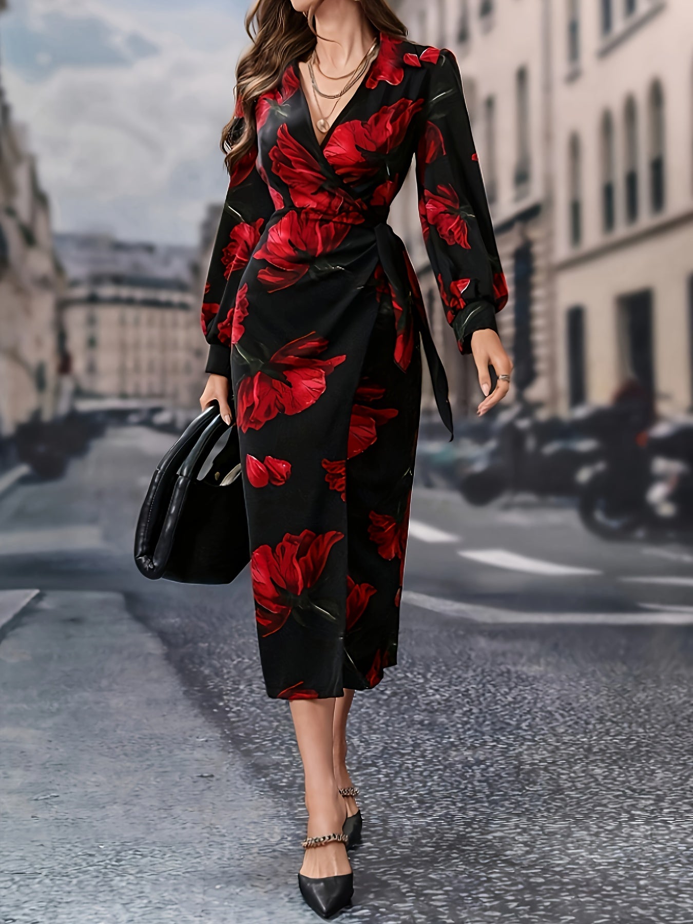 Elegant Floral Print V-Neck Midi Dress with Lace-Up Detail - 100% Polyester Long Sleeve Fitted Dress for Women - All-Season Woven Collection