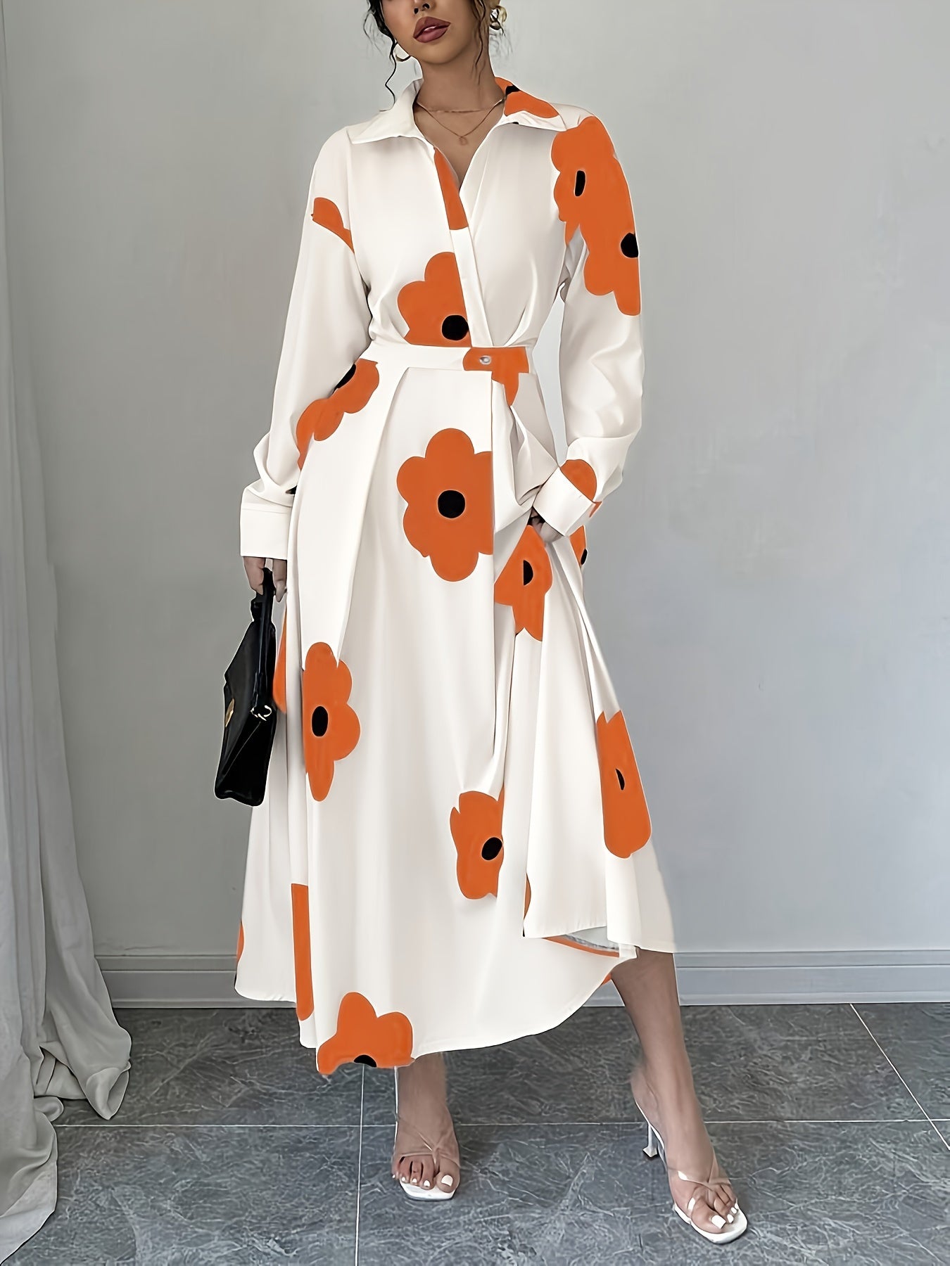 Elegant Floral Print Midi Dress for Women - Long Sleeve, Cinched Waist with Belt, Casual Polyester, Machine Washable