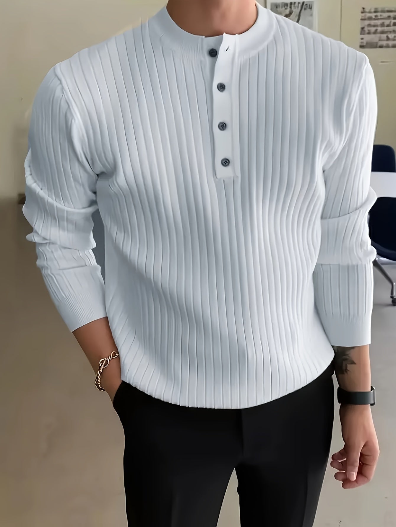 Ribbed Knitted Henley Shirt