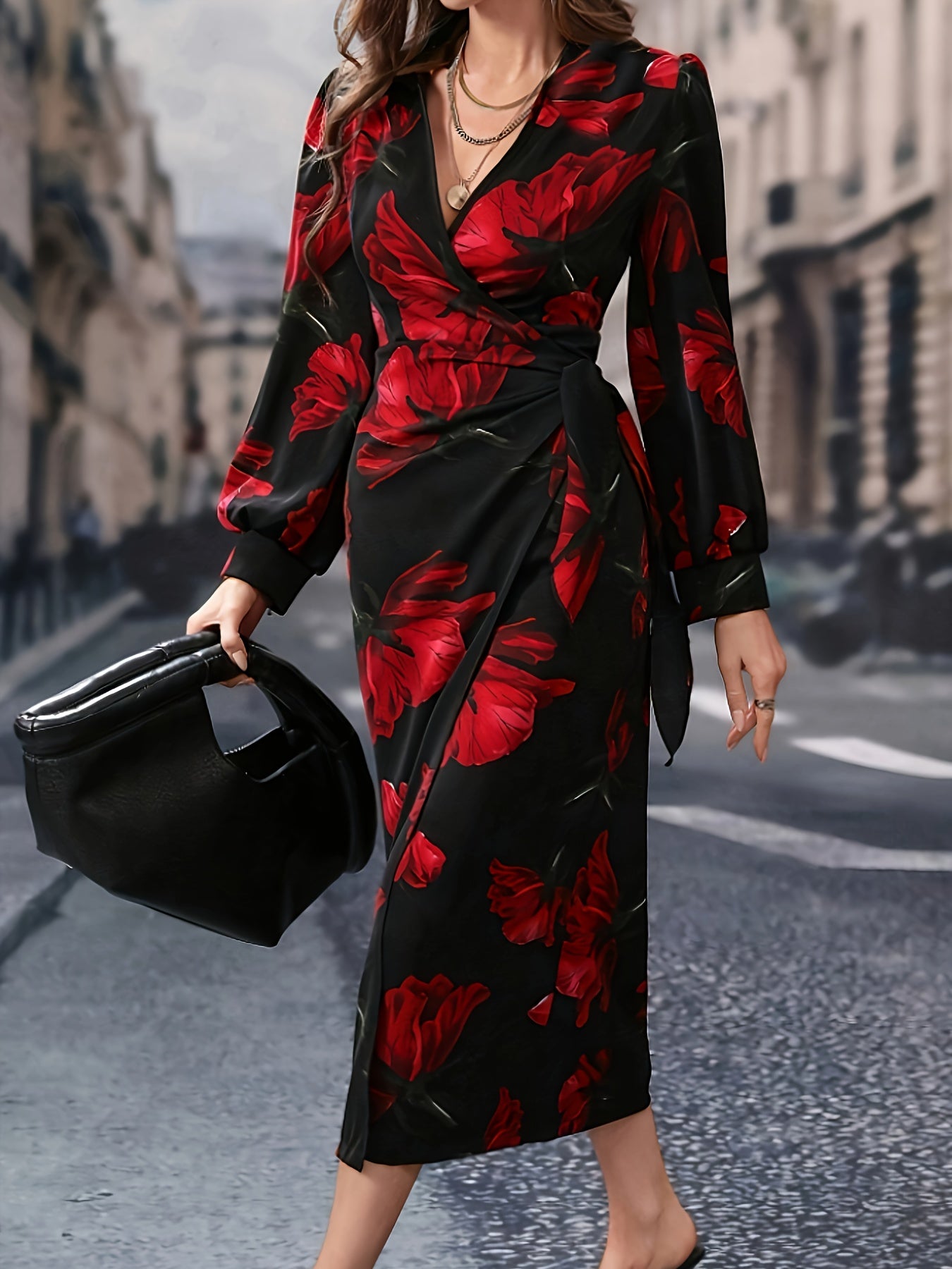 Elegant Floral Print V-Neck Midi Dress with Lace-Up Detail - 100% Polyester Long Sleeve Fitted Dress for Women - All-Season Woven Collection