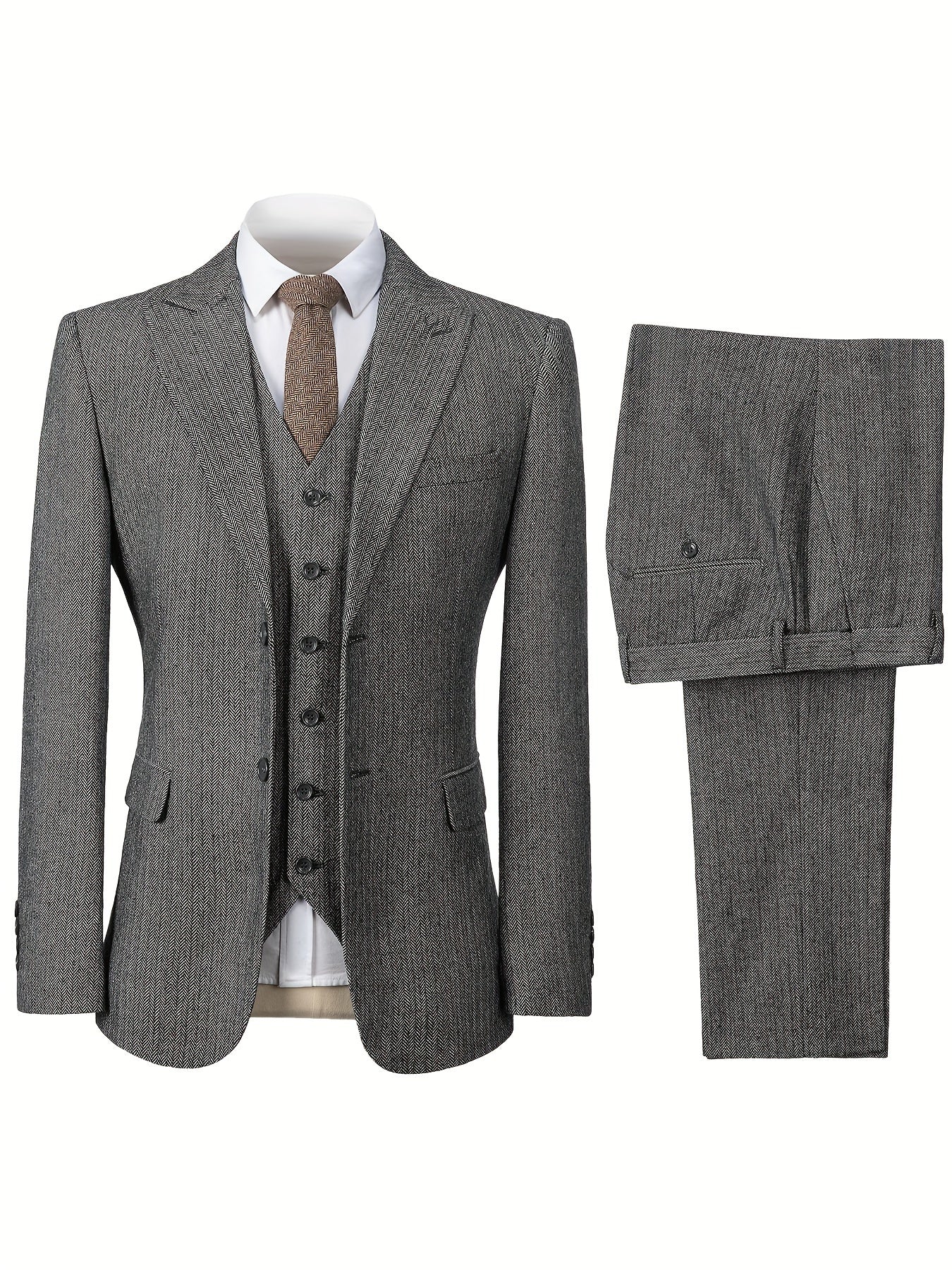 Men'S Preppy Style Wool Blend Herringbone 3pcs Suit with Vest, Solid Color, Notched Lapel, Long Sleeve, Regular Fit, with Pocket, for Formal Events, Business, Wedding - All Seasons