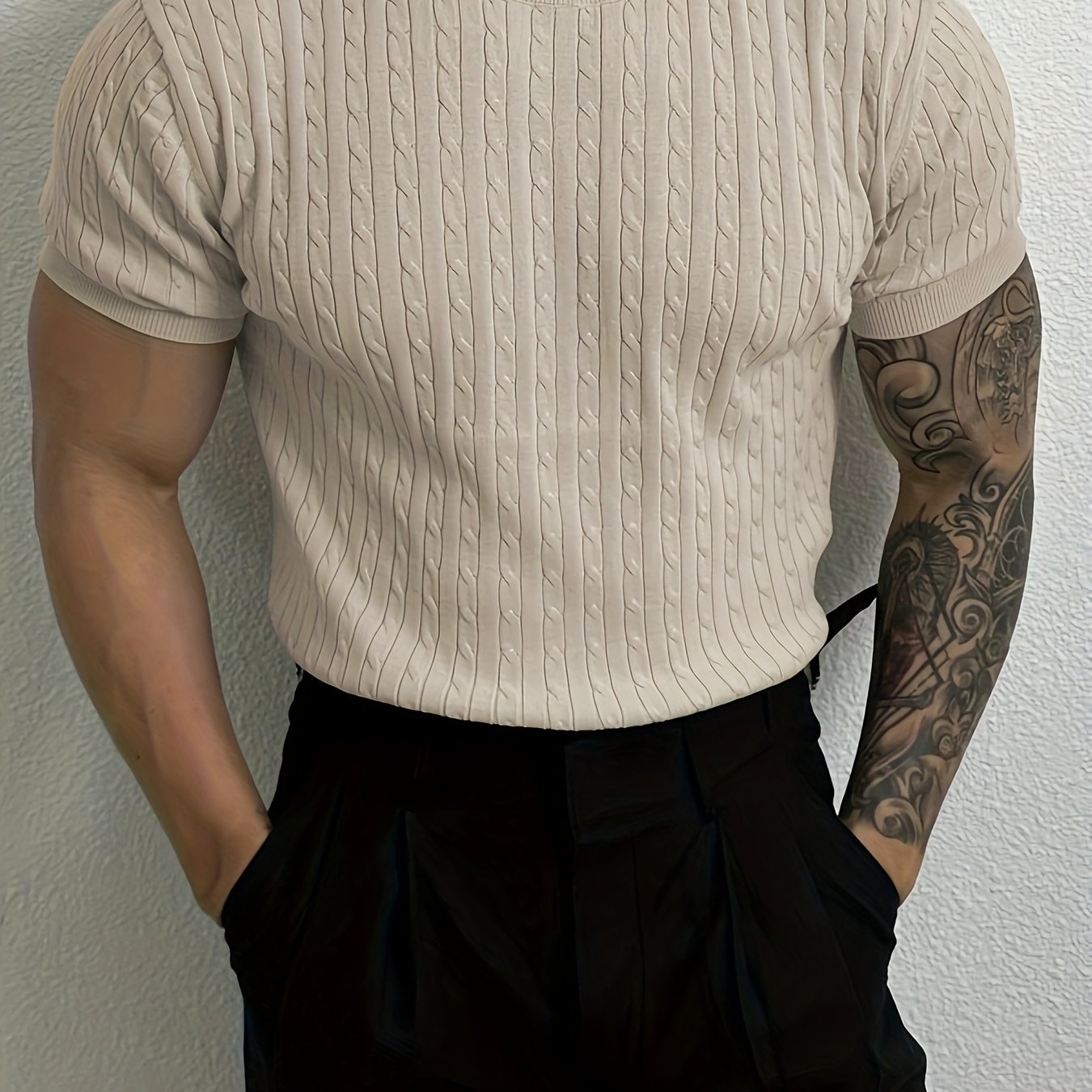 Men's Ribbed And Textured Knit Crew Neck And Short Sleeve T-shirt, Casual And Chic Summer Tops For Daily And Outdoors Leisurewear