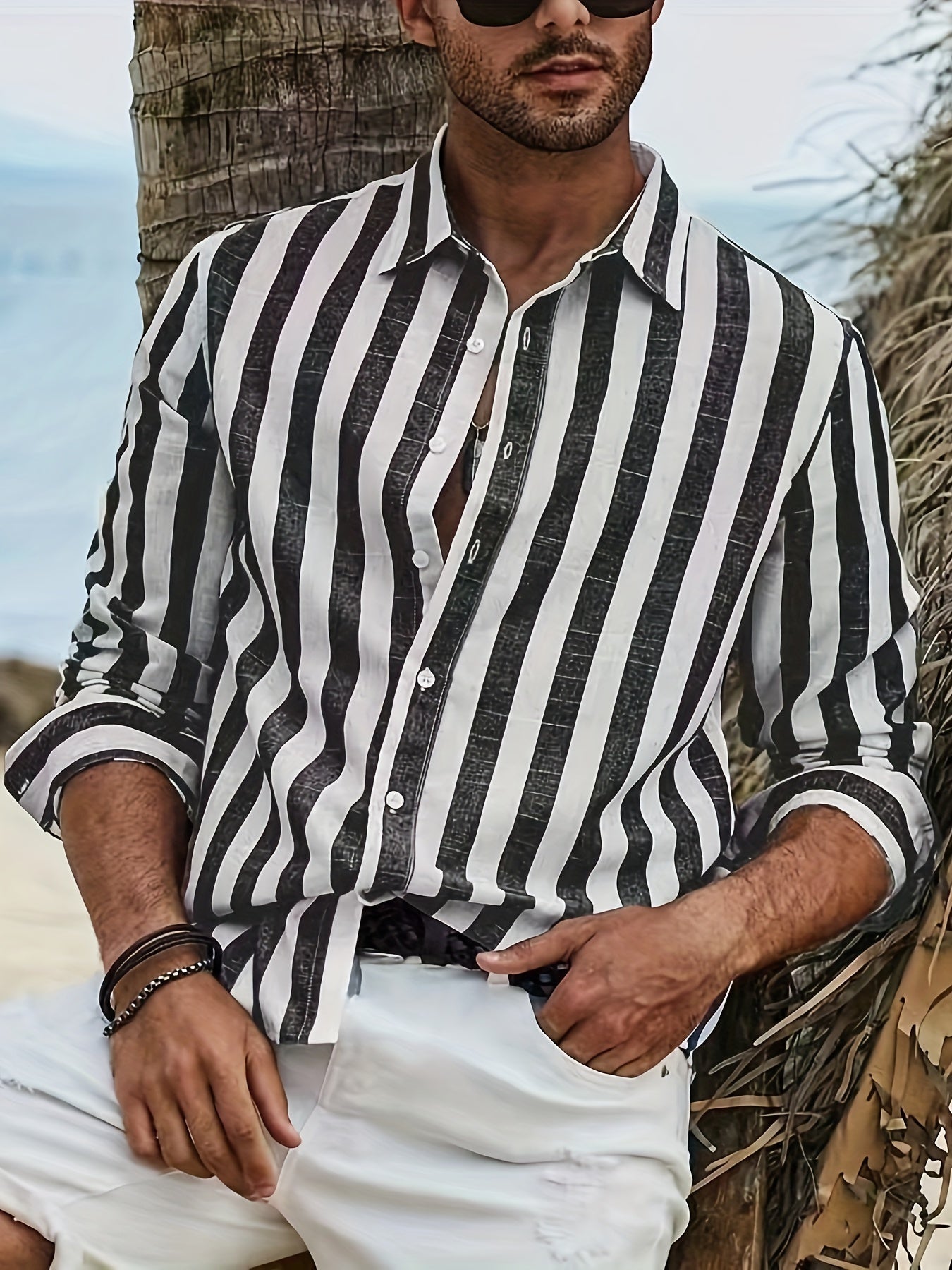 Men's Stylish Striped Long Sleeve Lapel Shirt For Spring And Fall, Casual Comfy Trendy Shirt As Gift