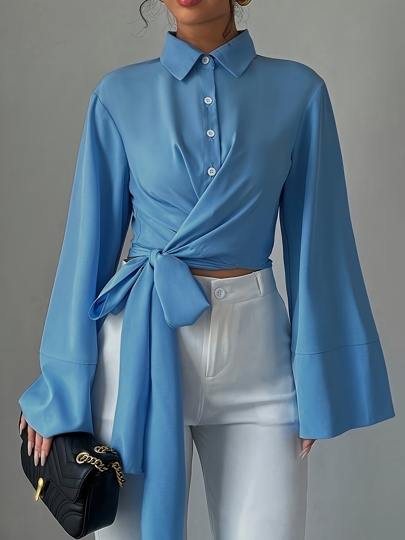 Elegant Solid Color Cross Wrap Bow-Tie Front Blouse for Women, Lapel Collar Bell Sleeve Top, 100% Polyester Woven All-Season Shirt