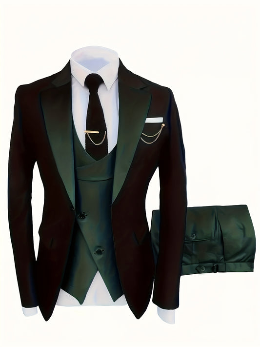 3pcs Men's Dress Suit Set, Contrast Color Notch Lapel Blazer, Shawl Lapel Waistcoat With Novel Button Design, And Solid Pants, Suitable For Banquet And Party Wear, No Accessories Included