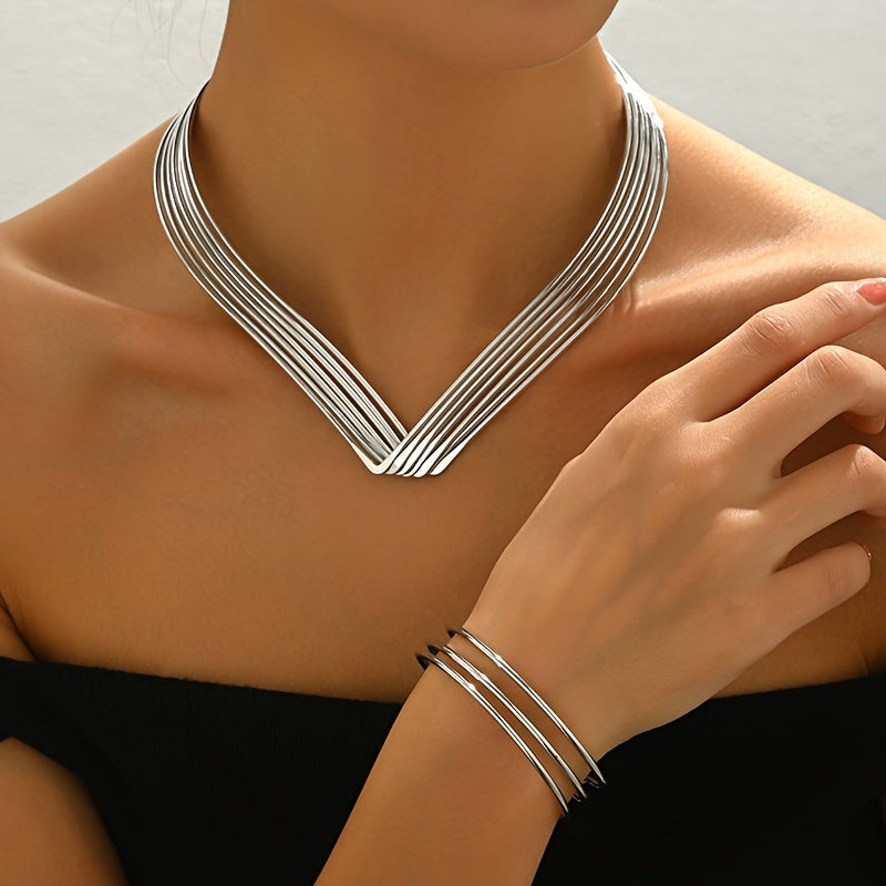 Elegant Geometric Multi-Layer Bangle & Collar Set for Women - Chic Iron Jewelry, Perfect for Casual Attire or Parties