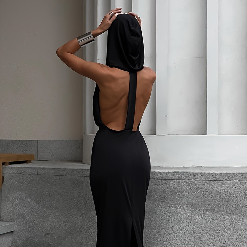 Deep V-neck Hooded Dress