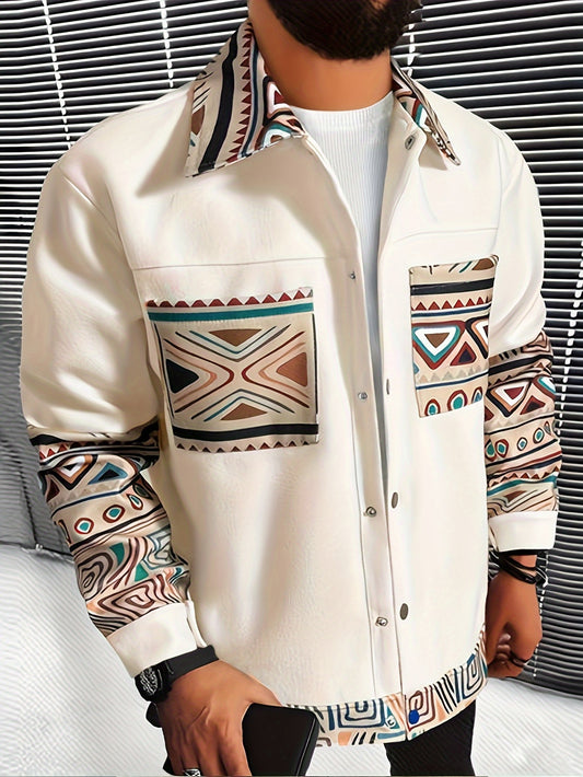 Men's Classic Fashion, Classic And Ethnic Style Geometric Graffiti Print Long Sleeve Button Up Lapel Shirt With Chest Pockets, Male's Leisure Top For Daily And Casual Wear