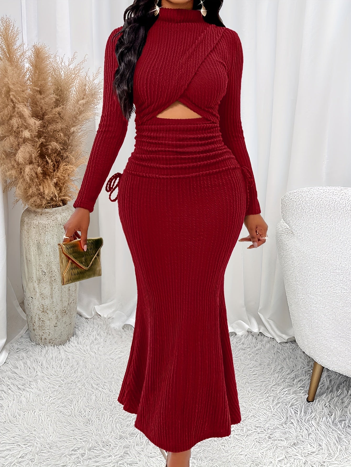 Elegant Women's Mermaid Dress with Cut-Out Detail - Long Sleeve, High Neck, Bodycon Fit for Parties & Banquets