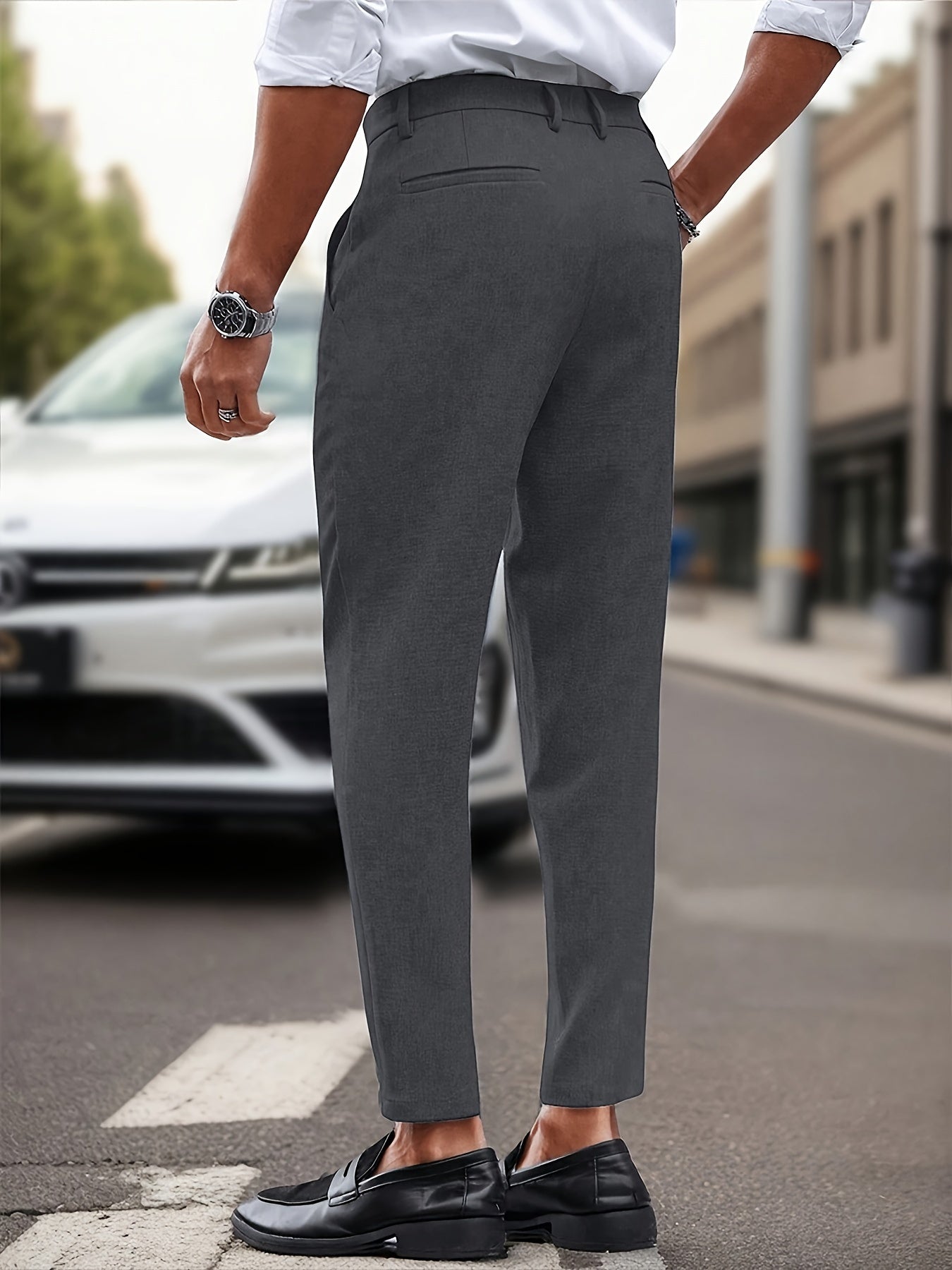 Men's Slim-Fit Stretch Dress Pants - Solid Color, Business Casual with Zip Detail for Fall/Winter