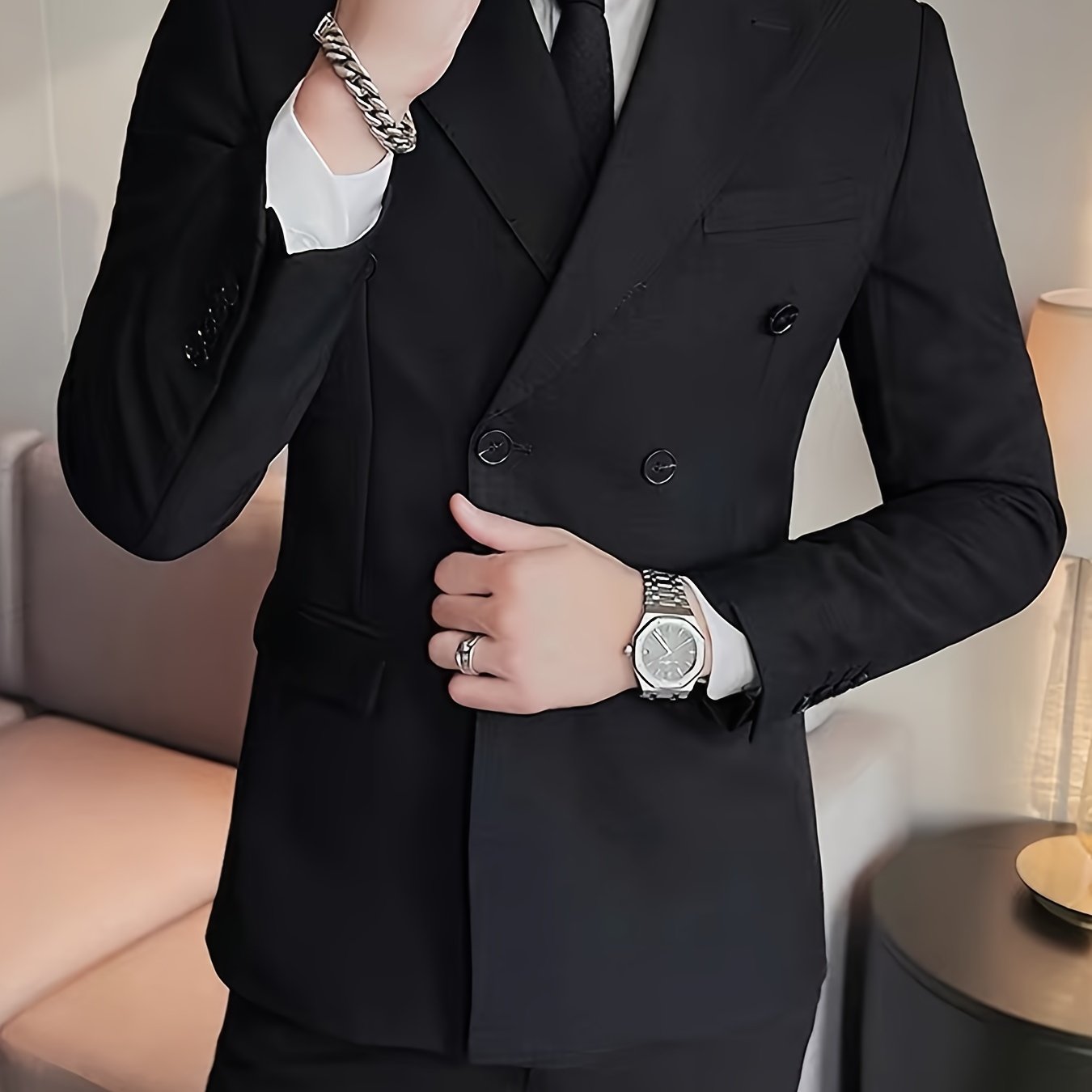 Elegant Men's Double-Breasted Blazer - Slim Fit, Long Sleeve Suit Jacket for Weddings & Formal Events, Polyester