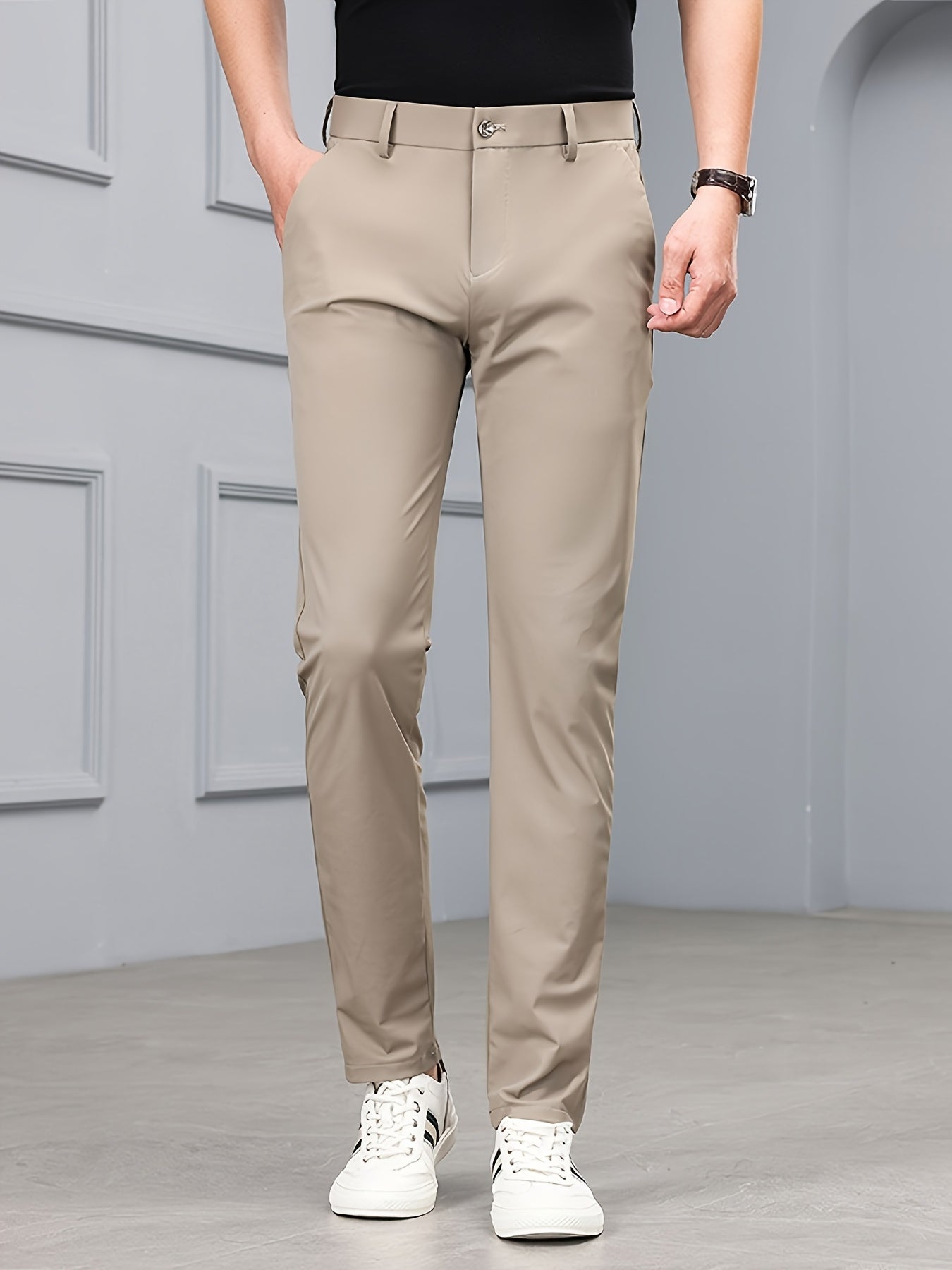 Men's Solid Dress Pants With Pockets, Casual Skinny High Stretch Trousers For Outdoor, Old Money Style