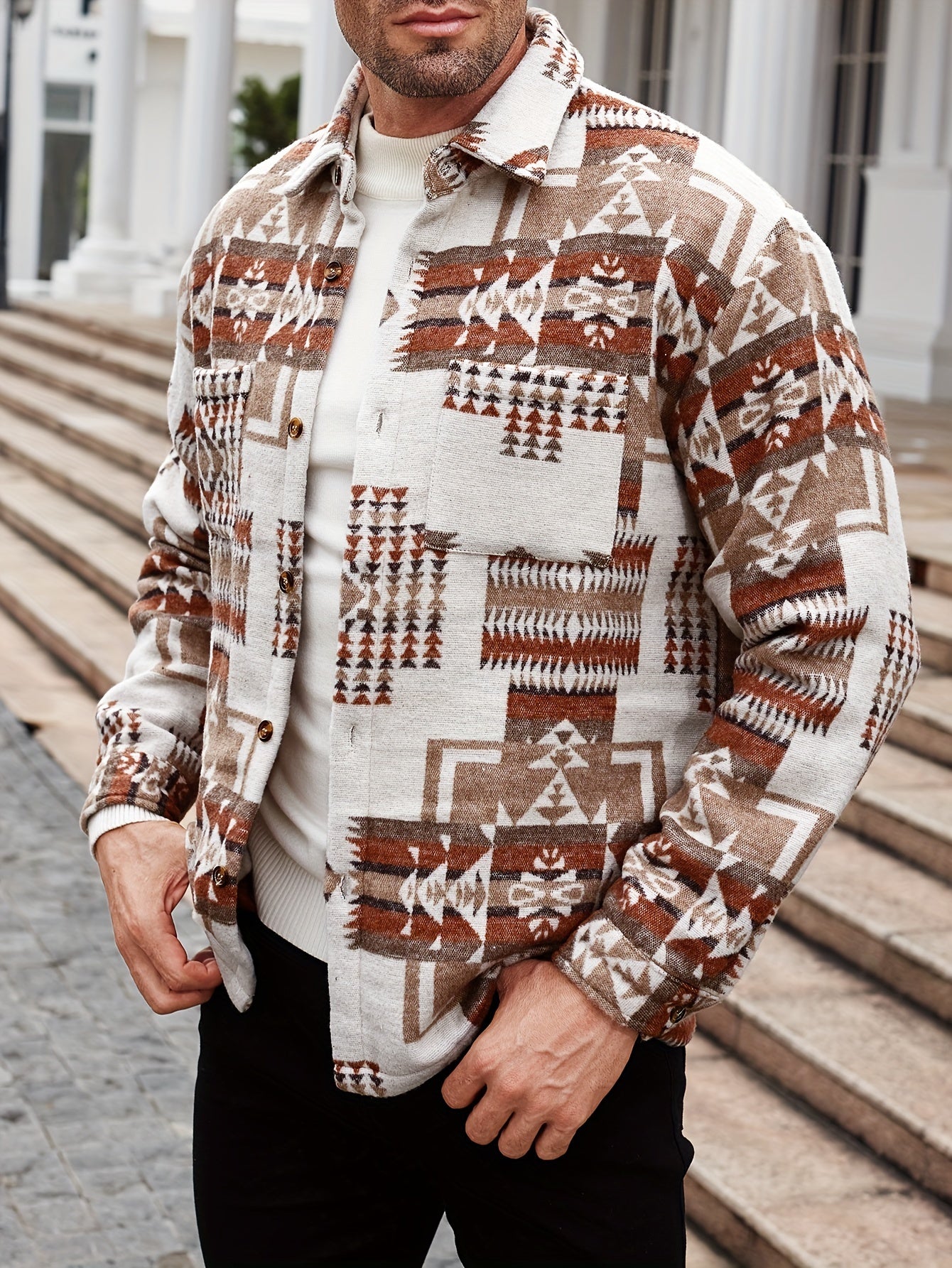 Men's Ethnic Geometric Pattern Long Sleeve Shirt For Winter And Fall, Loose Fit Casual Comfy Shirt As Gift