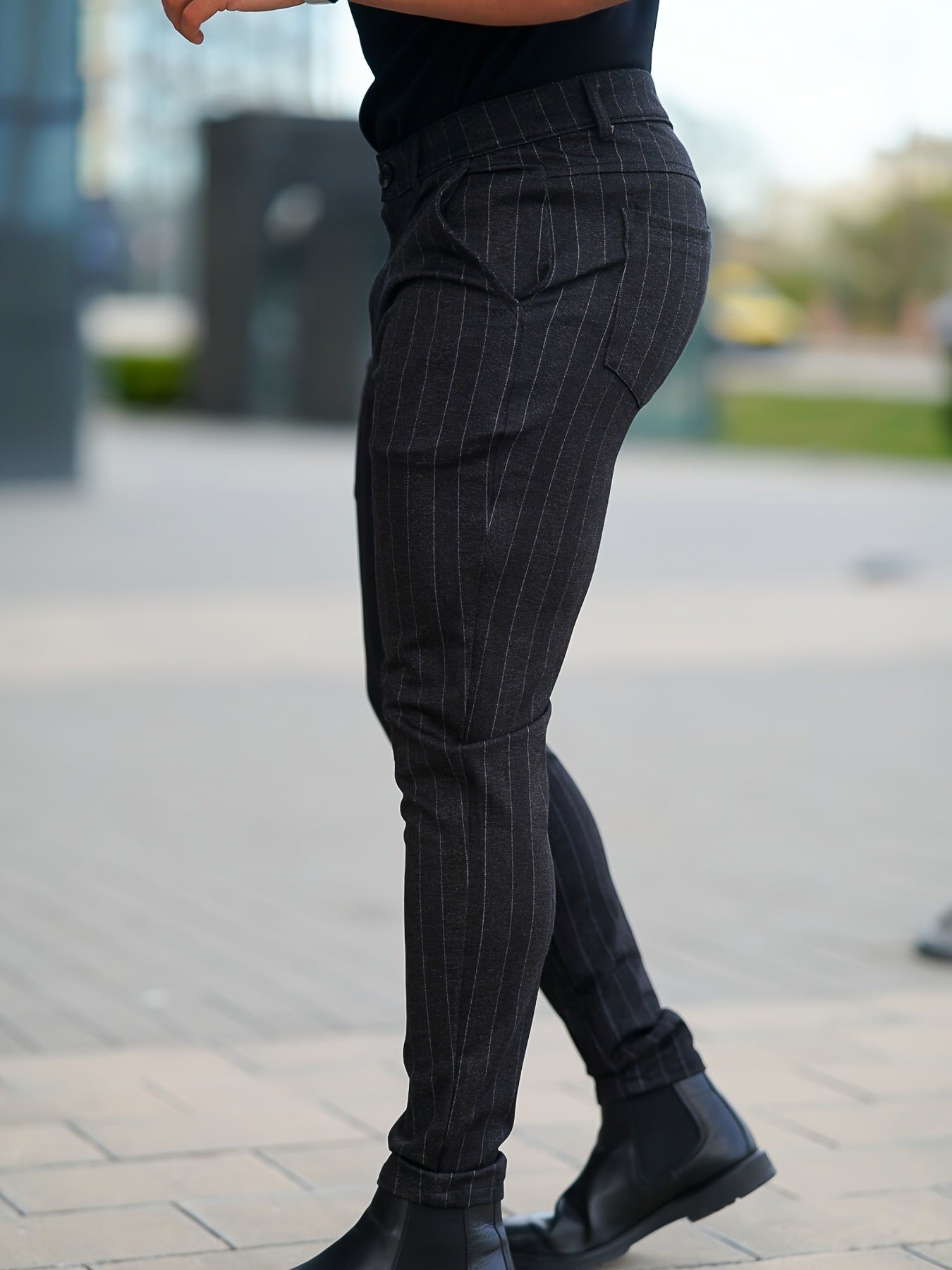 Black Striped Slim-Fit Elegant Mature Pants