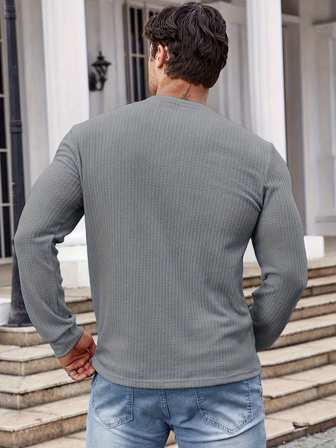 Chic Design Waffle Knit Men's Long Sleeve V-neck Henley Shirt, Casual And Comfy Tops For Spring, Autumn And Winter Bottoming And Outdoors Sports Wear