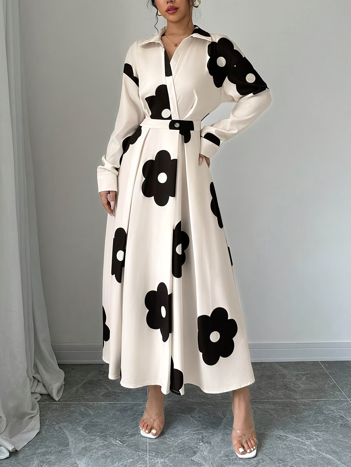 Floral Print Long Sleeve Dress, Elegant Lapel High Waist A-line Dress For Fall, Women's Clothing