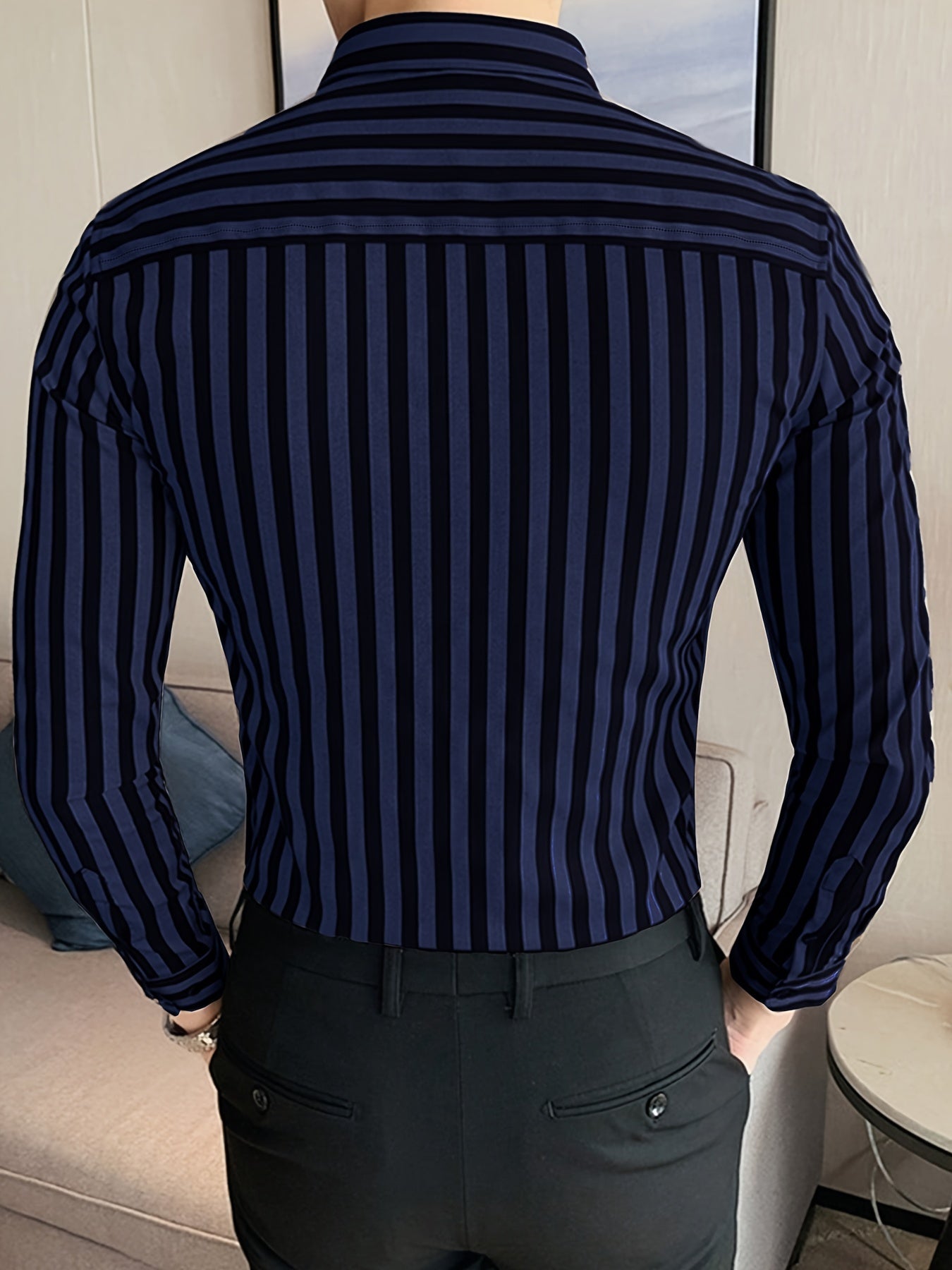 Men's Slim Fit Striped Dress Shirt - Polyester, Turn-Down Collar, All-Season, Button-Front, Mature Style