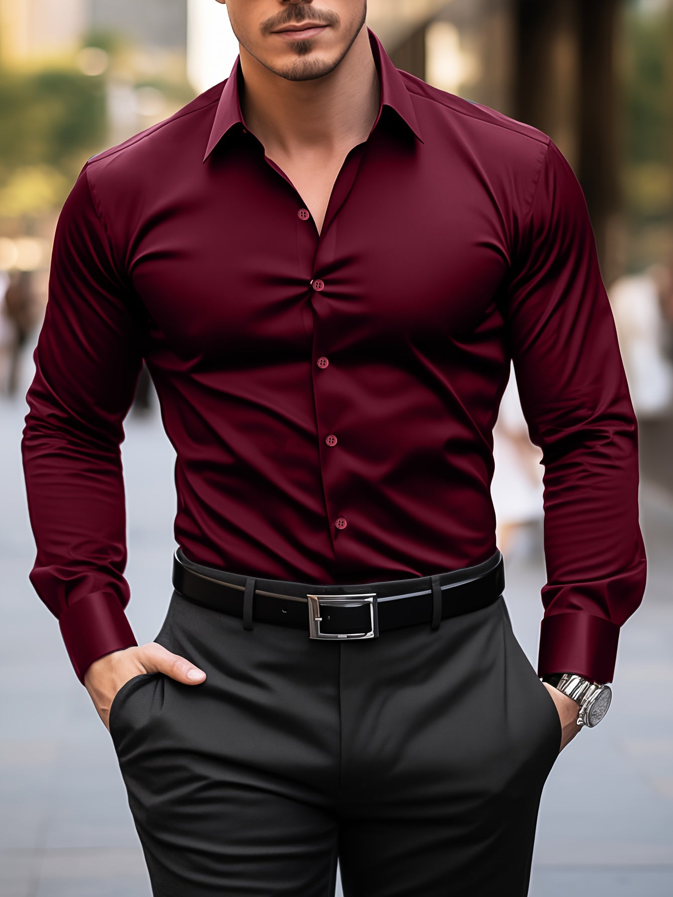 Men's Solid Color Lapel Collar Design Dress Shirts, Long Sleeve Casual Button Up Shirt For Formal Occasions, Outdoor Cloth