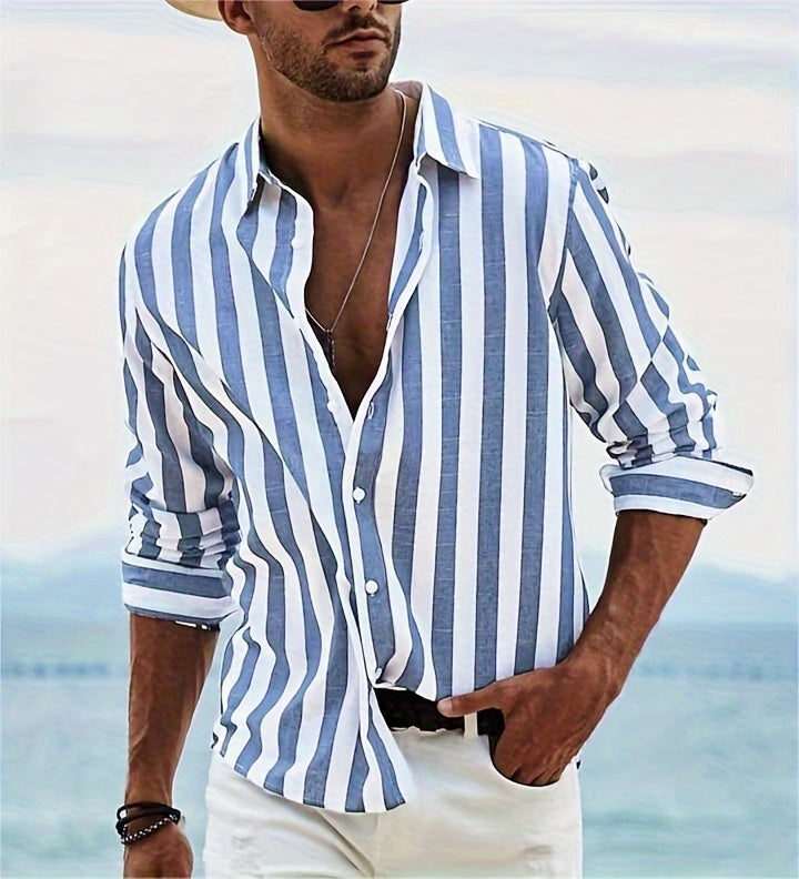 Men's Stylish Striped Long Sleeve Lapel Shirt For Spring And Fall, Casual Comfy Trendy Shirt As Gift