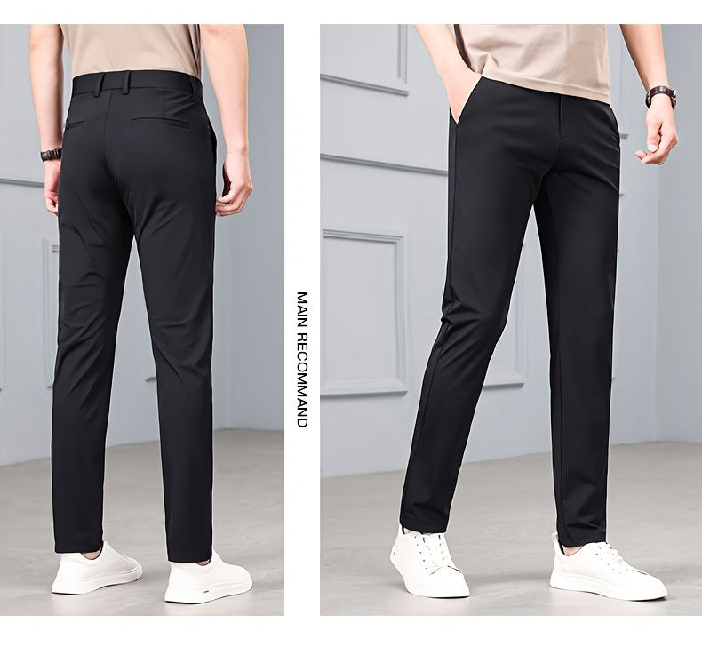 Men's Solid Dress Pants With Pockets, Casual Skinny High Stretch Trousers For Outdoor, Old Money Style