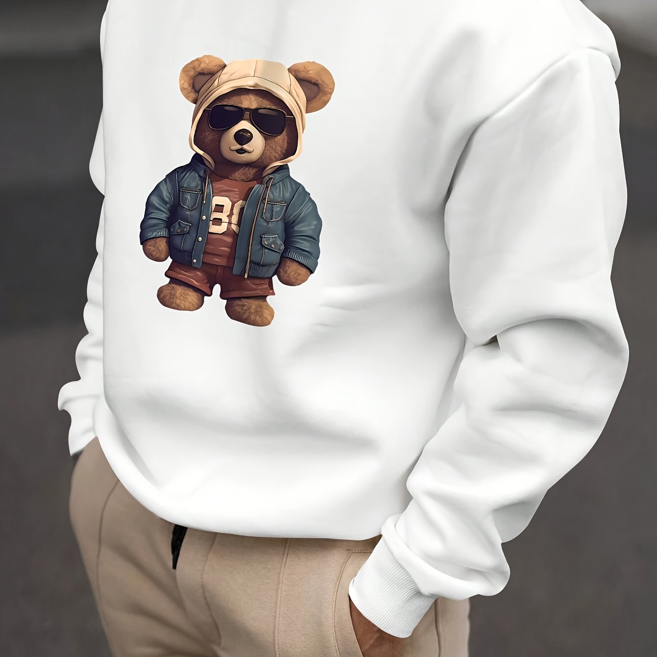 Men's Fashion Creative Design Teddy Bear Print Long Sleeve Loose Fit Crew Neck Sweatshirt, Casual Polyester Knit Athletic Commuter Hoodie, Animal Pattern, Stretch Fabric, Relaxed Fit