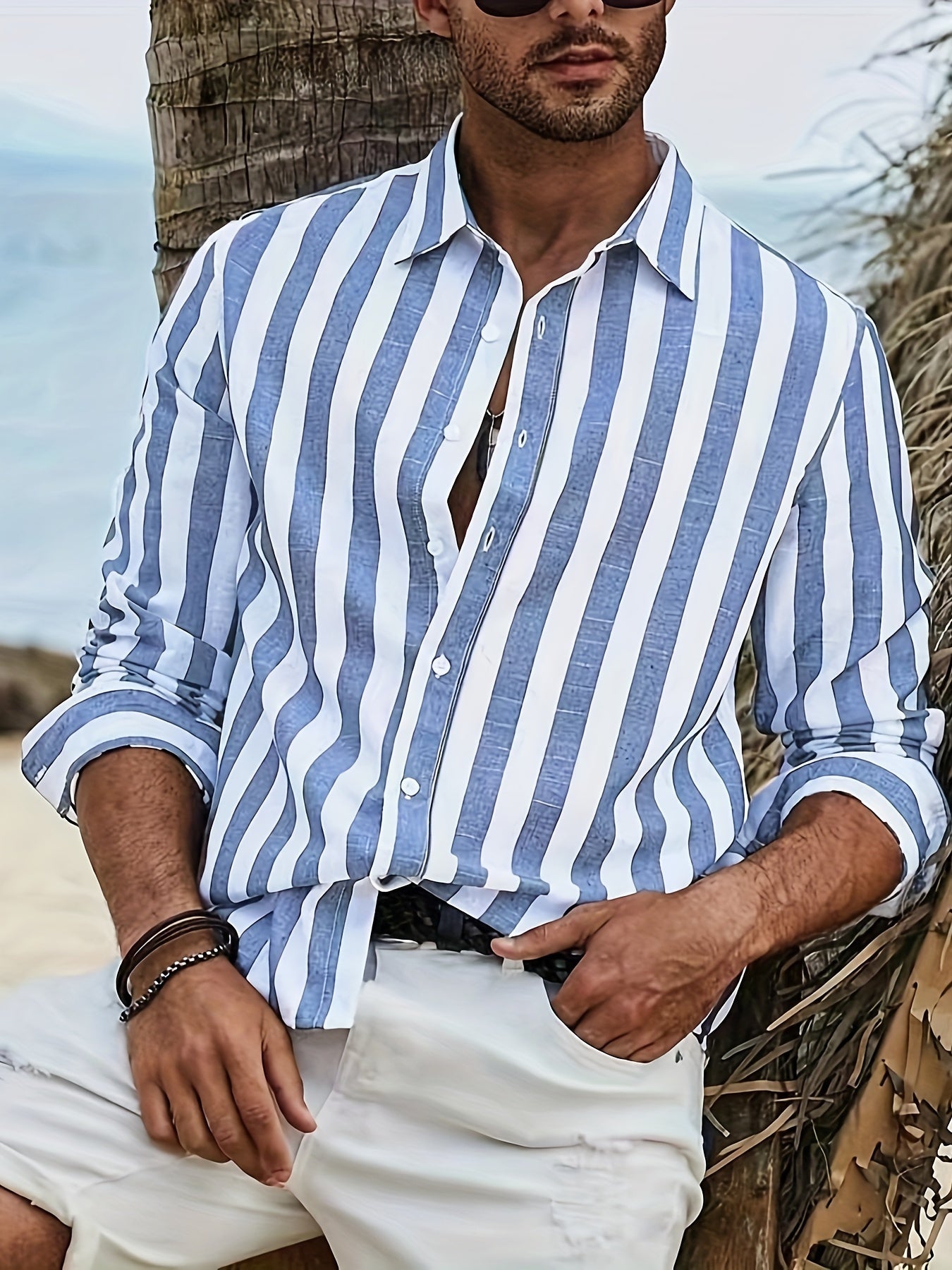 Men's Stylish Striped Long Sleeve Lapel Shirt For Spring And Fall, Casual Comfy Trendy Shirt As Gift