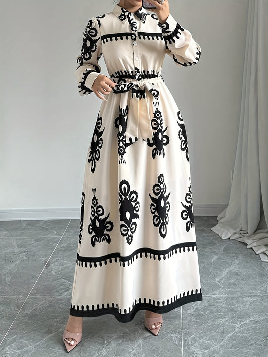 Floral Print Tie Waist Dress, Casual Long Sleeve Collared Dress For Spring & Fall, Women's Clothing