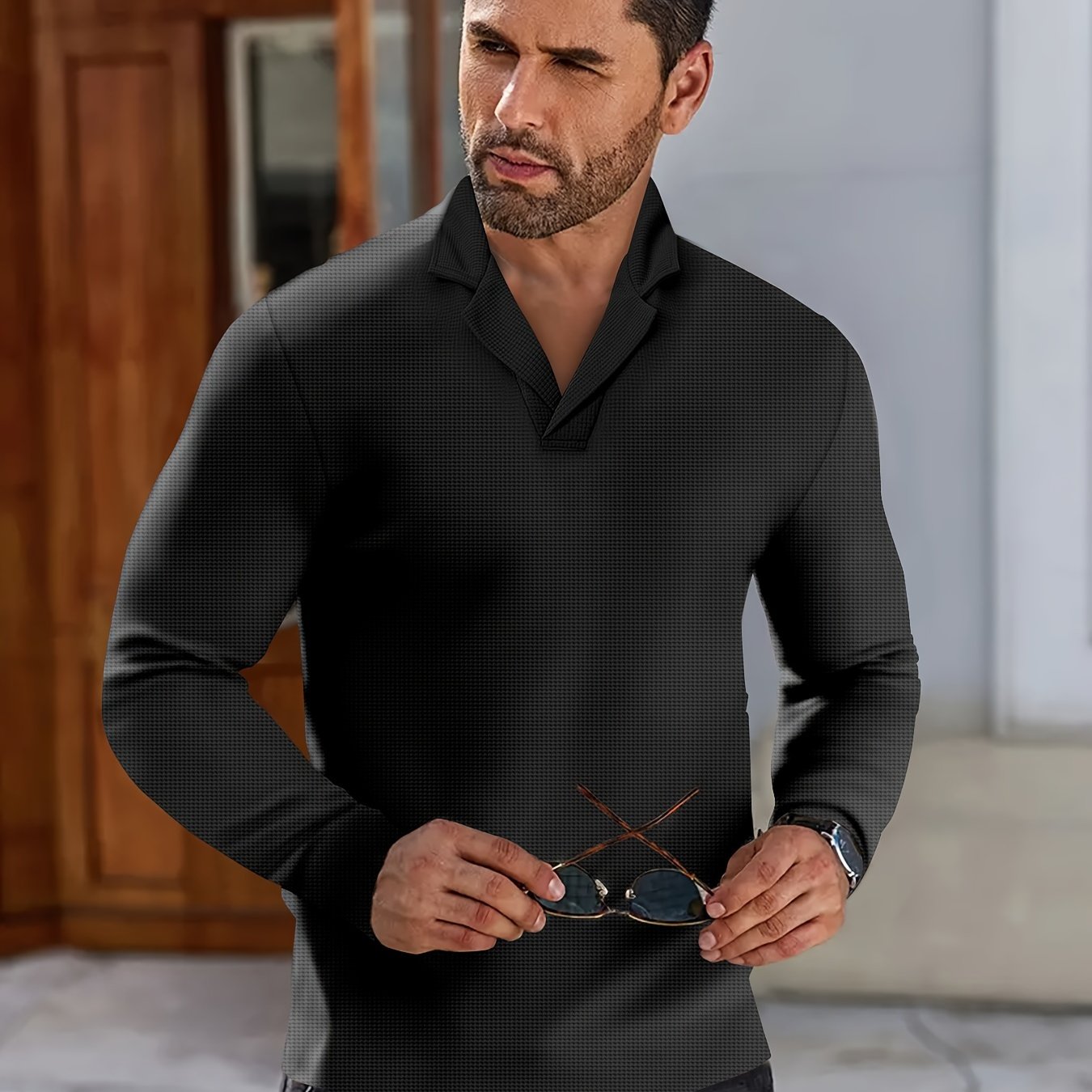 Men's Casual Long Sleeve Knitted Shirt With Suit Collar - Spring/Autumn Long Sleeve Pullover Top