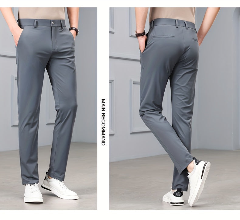 Men's Solid Dress Pants With Pockets, Casual Skinny High Stretch Trousers For Outdoor, Old Money Style