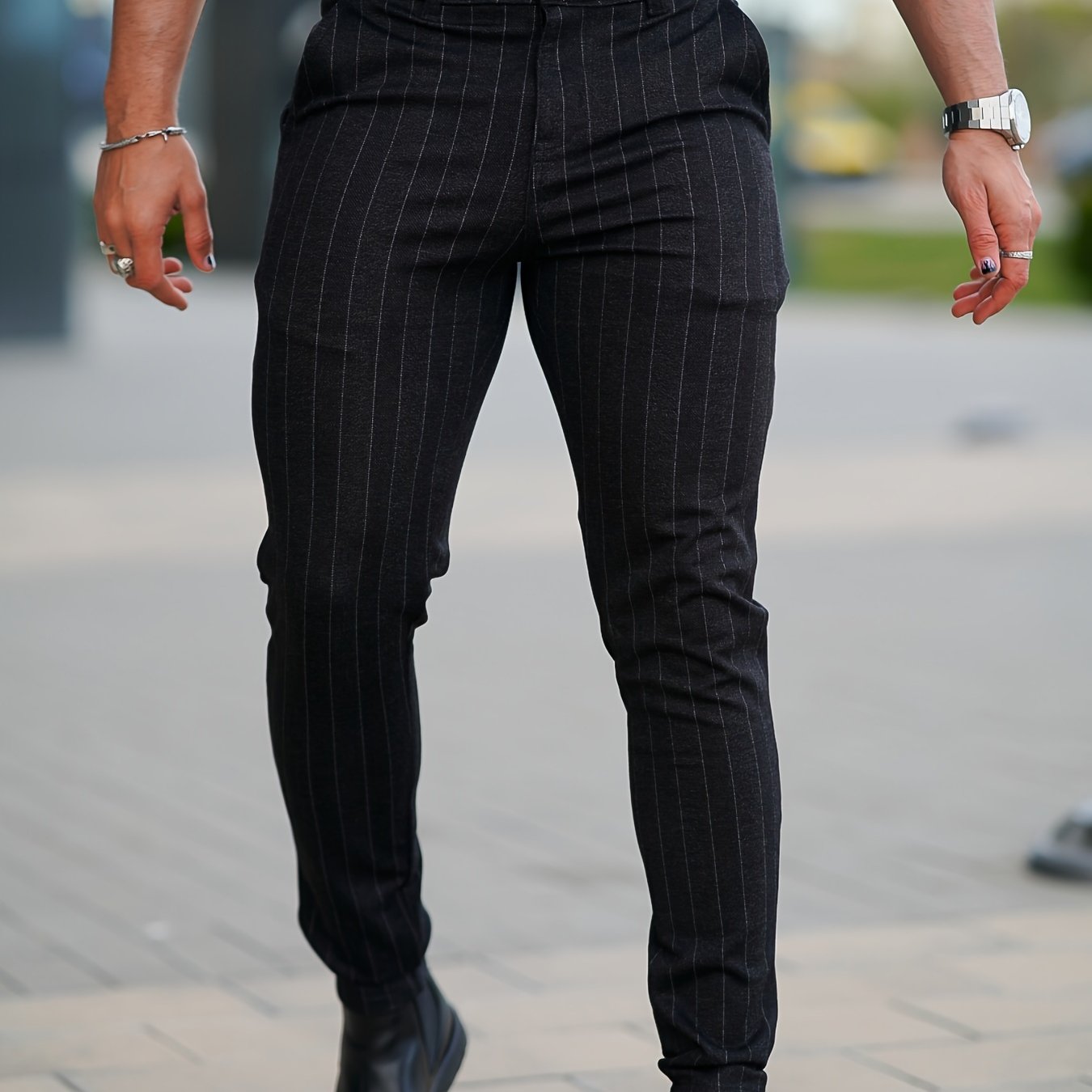 Black Striped Slim-Fit Elegant Mature Pants