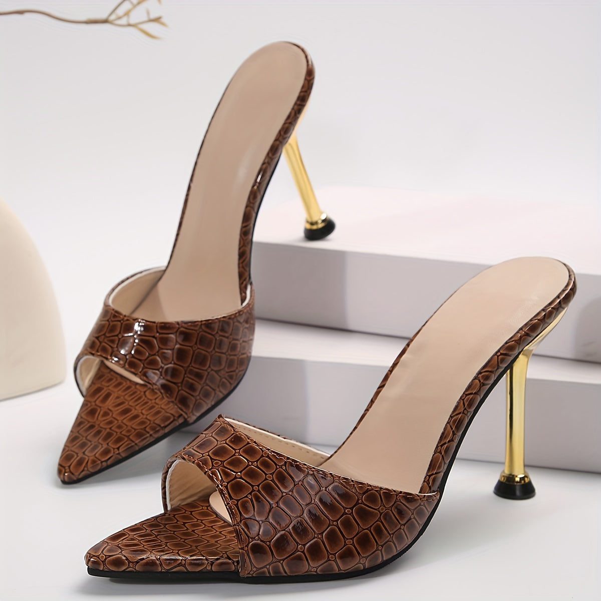 Women's Crocodile Pattern Thin High Heels, Pointy Peep Toe Slip On Stiletto Sandals, Fashionable Party & Banquet Shoes