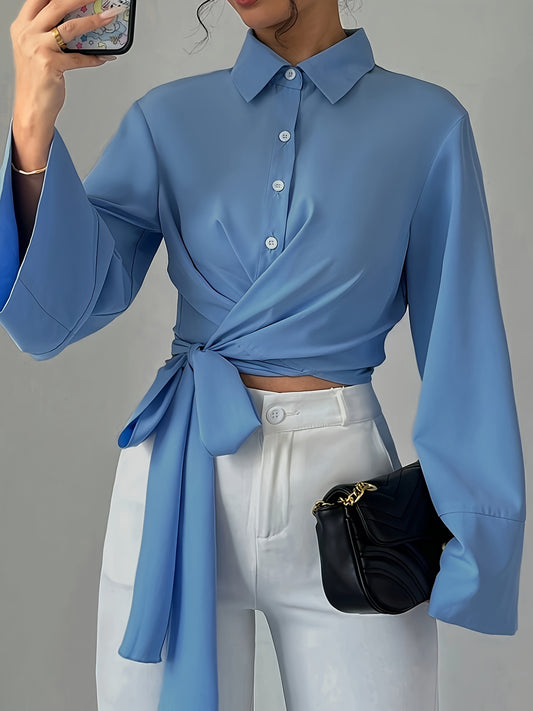 Elegant Solid Color Cross Wrap Bow-Tie Front Blouse for Women, Lapel Collar Bell Sleeve Top, 100% Polyester Woven All-Season Shirt