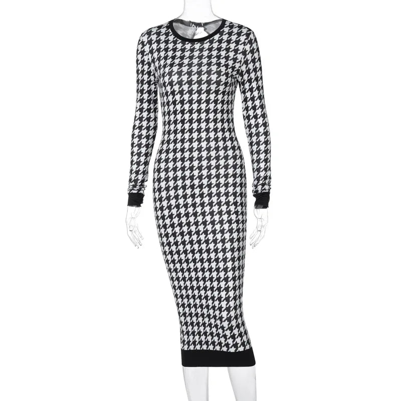 Houndstooth Print Women Long Sleeve Midi Dress