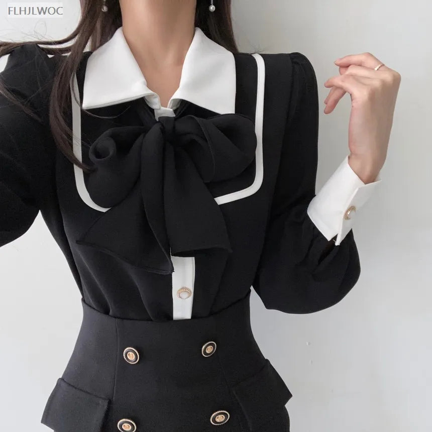 Women's Cute Bow Tie Tops Preppy Style Vintage Japan Korea Design Single Breasted Button Elegant Formal Red Black Shirts Blouses