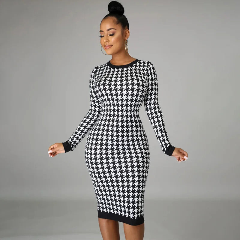 Houndstooth Print Women Long Sleeve Midi Dress