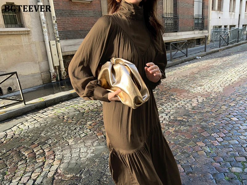 BGTEEVER Elegant Long Sleeve A-line Dress Women Mid-Long Loose Dress Female Vintage Turtleneck Spring Dress Vestidos Femme Robe