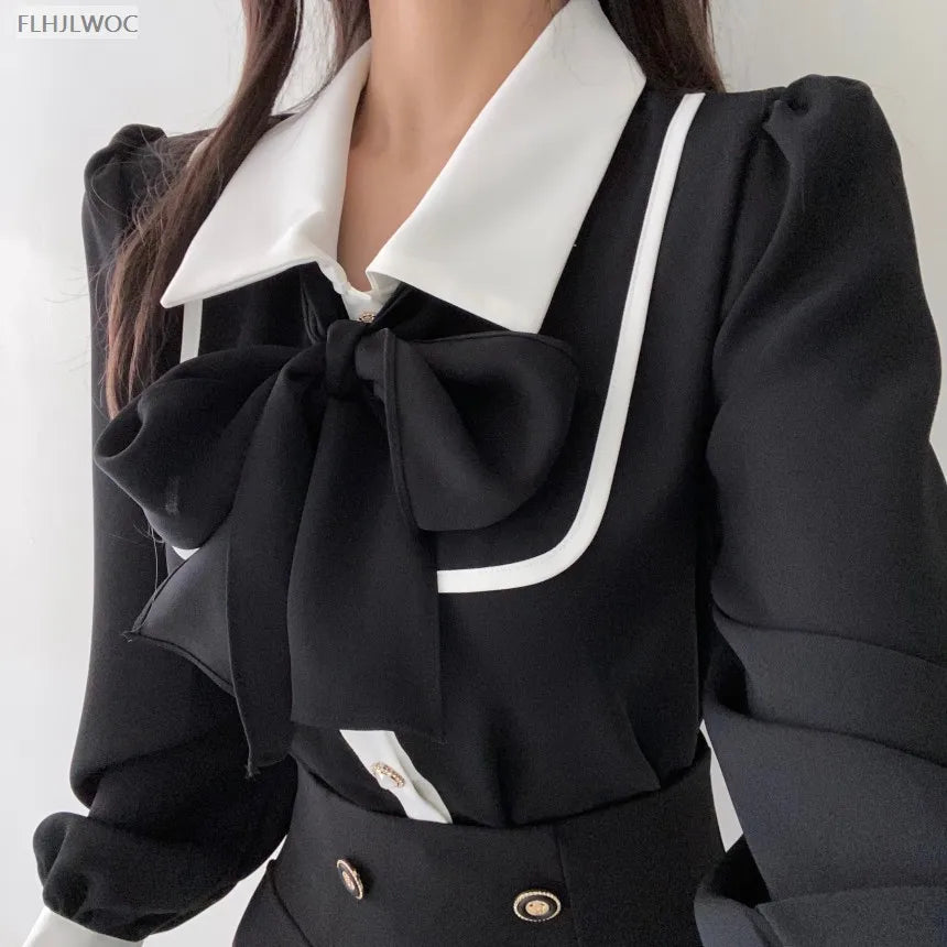 Women's Cute Bow Tie Tops Preppy Style Vintage Japan Korea Design Single Breasted Button Elegant Formal Red Black Shirts Blouses